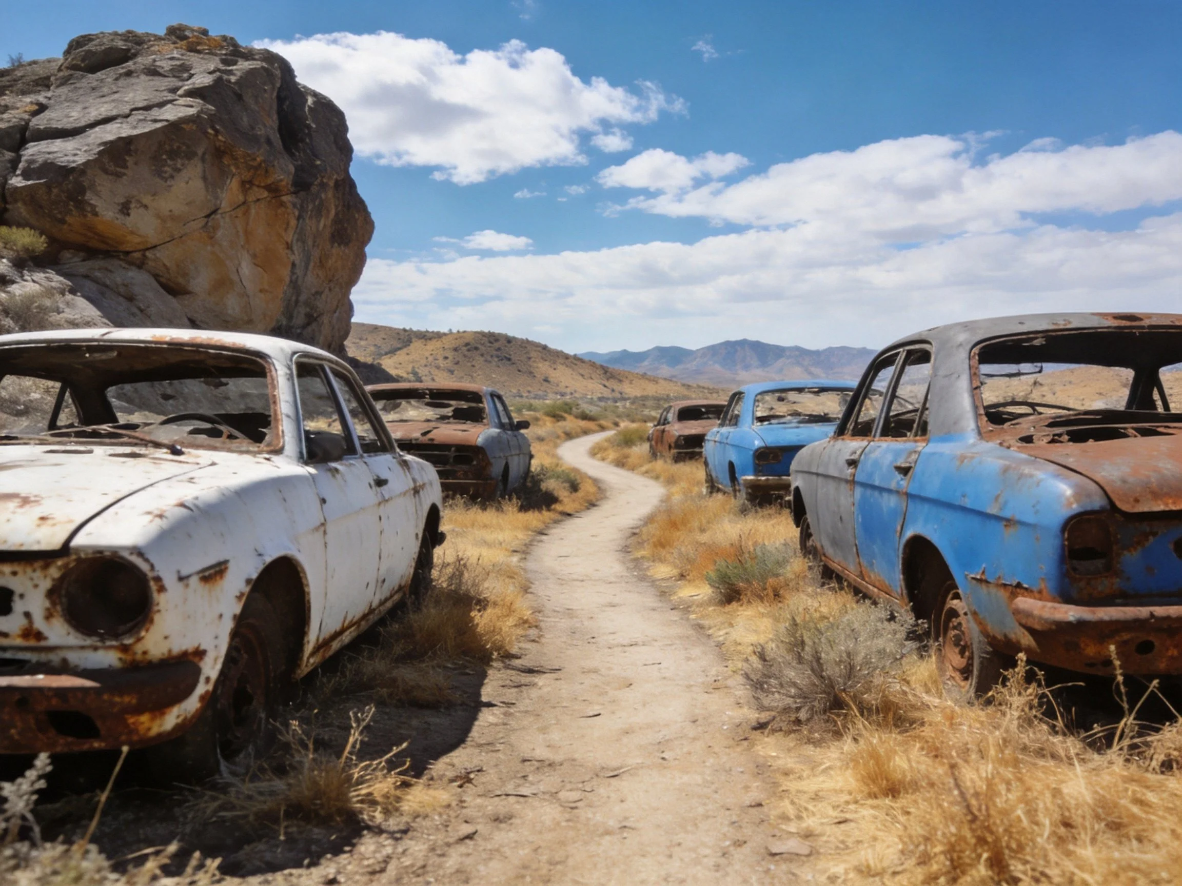 Abandoned vintage cars with rusted exteriors near rocky desert terrain