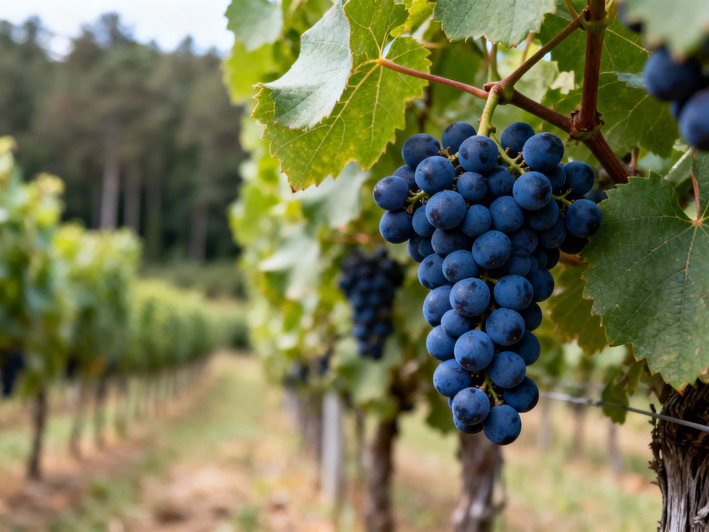 Abundant deep blue grape clusters hang from vines in a vineyard