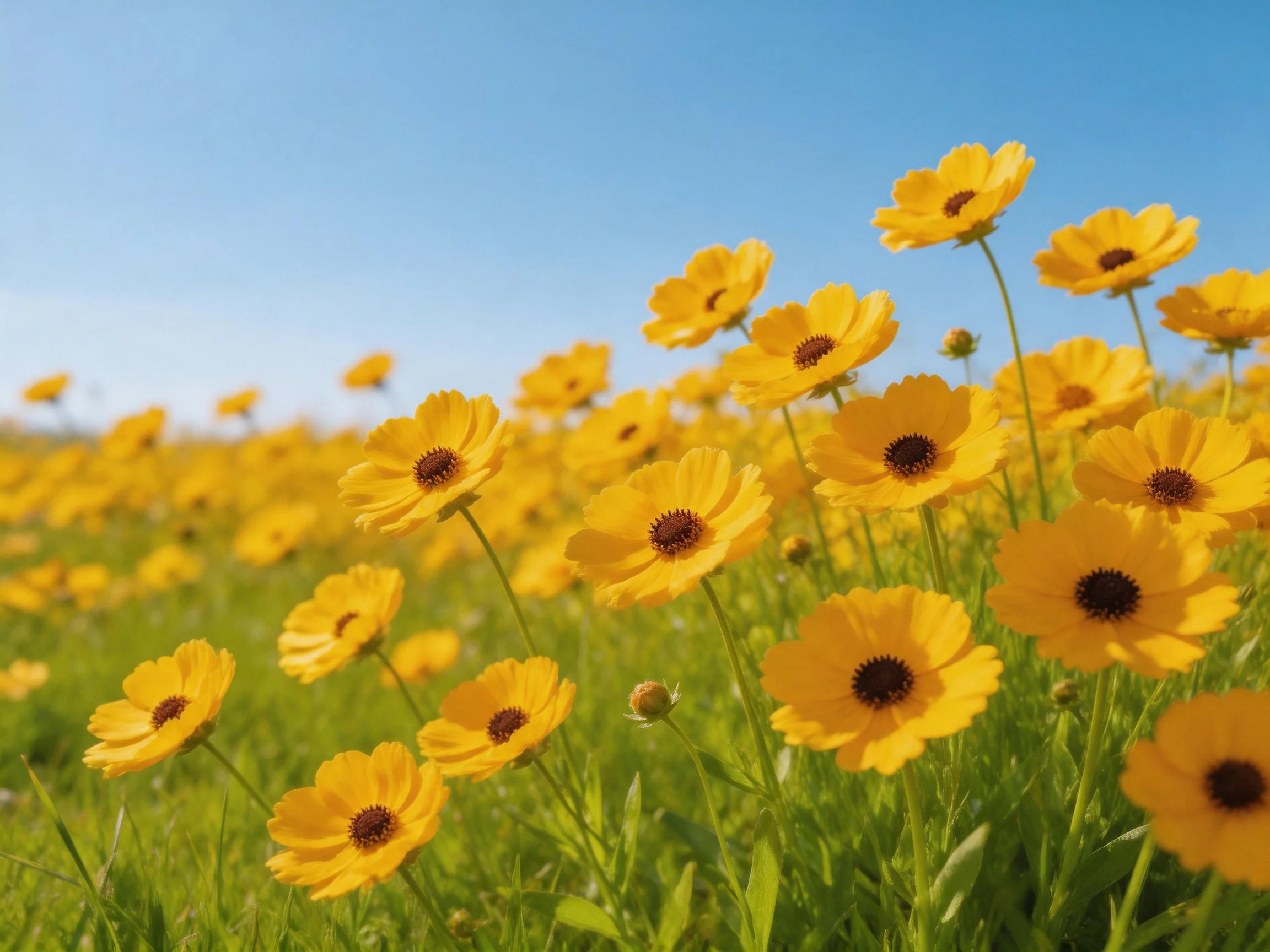 Abundant yellow wildflowers bloom in a sunny meadow