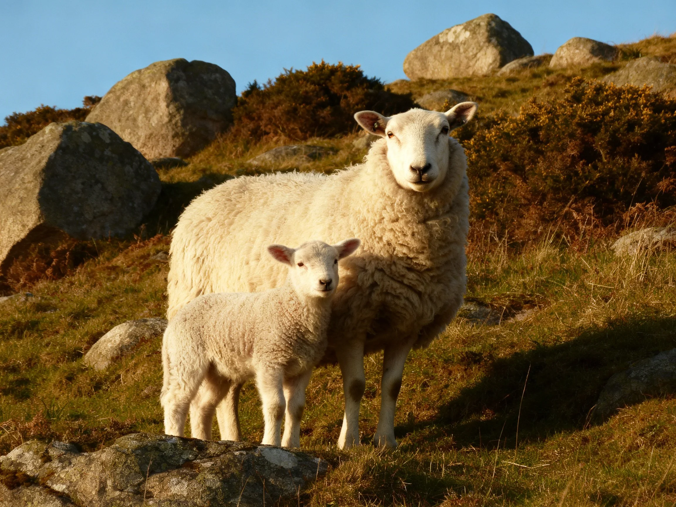 Adult sheep and lamb on a rocky hillside with large boulders
