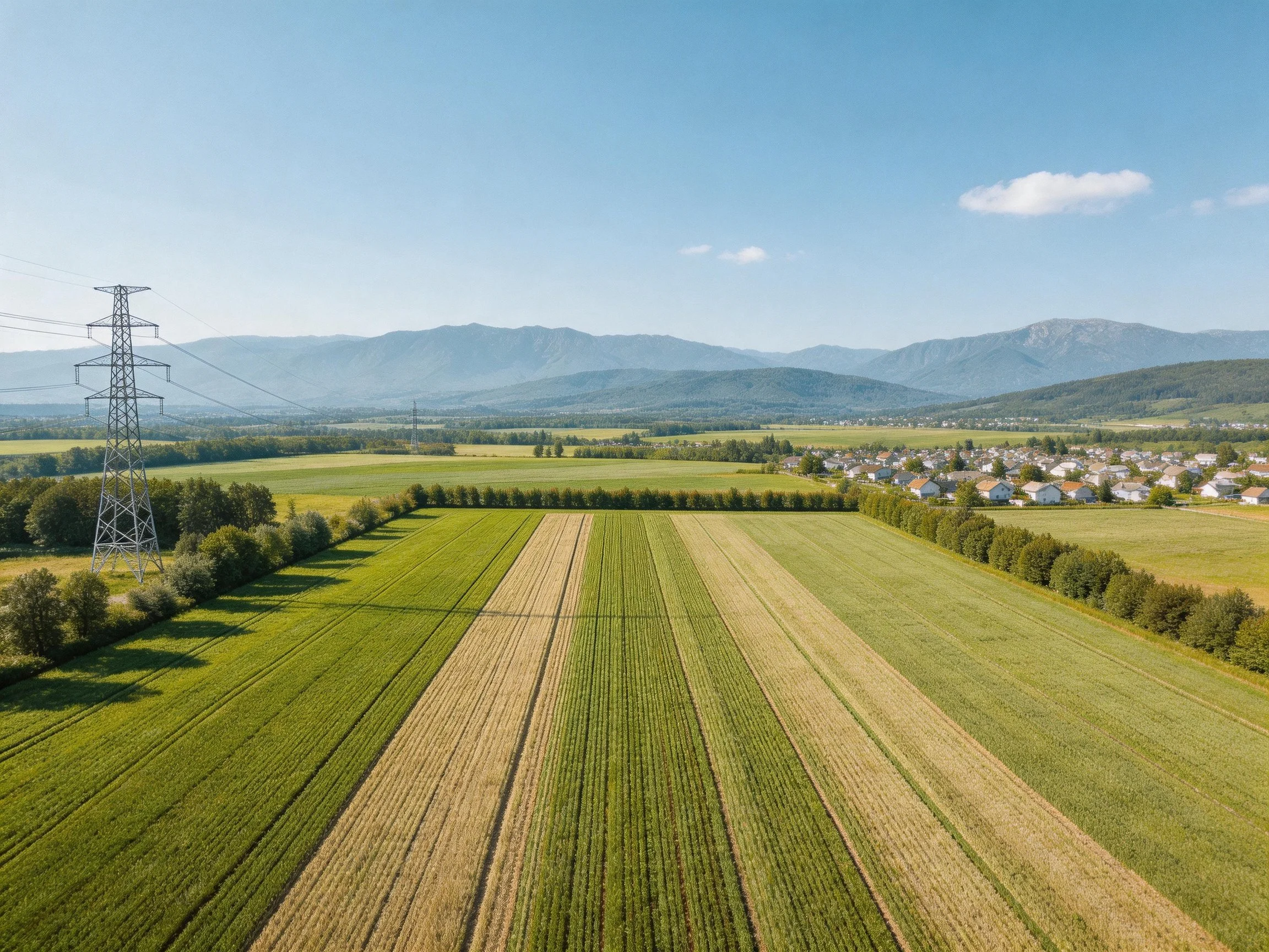 Aerial View of Agricultural Fields, Town, and Mountain Range