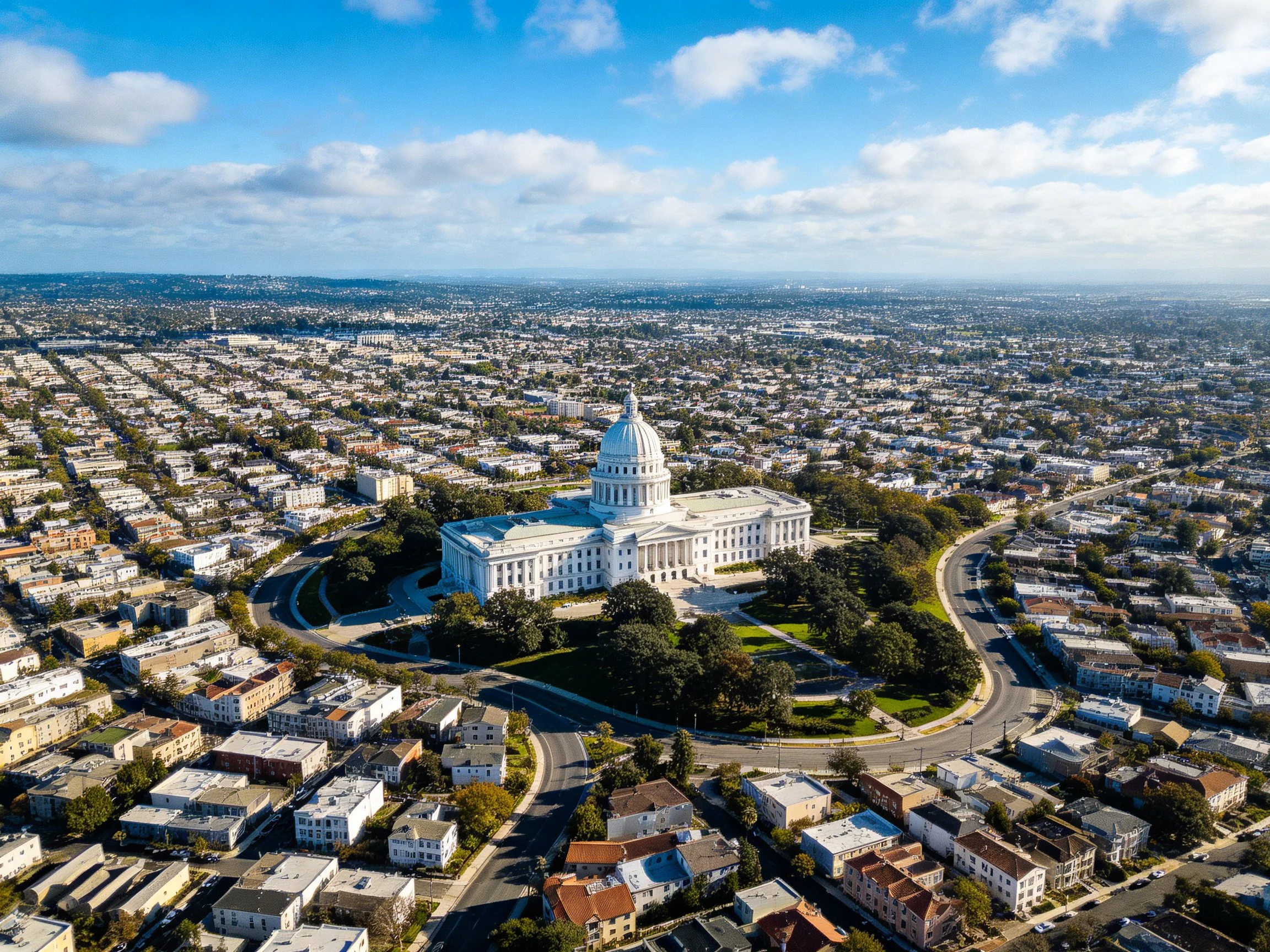 Aerial View of City Center with Large White Government Building