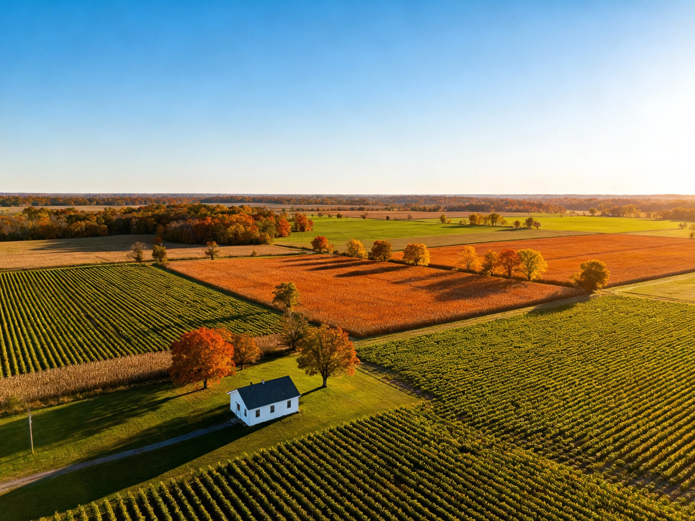 Aerial View of Farm Fields with Autumn Colors and White House