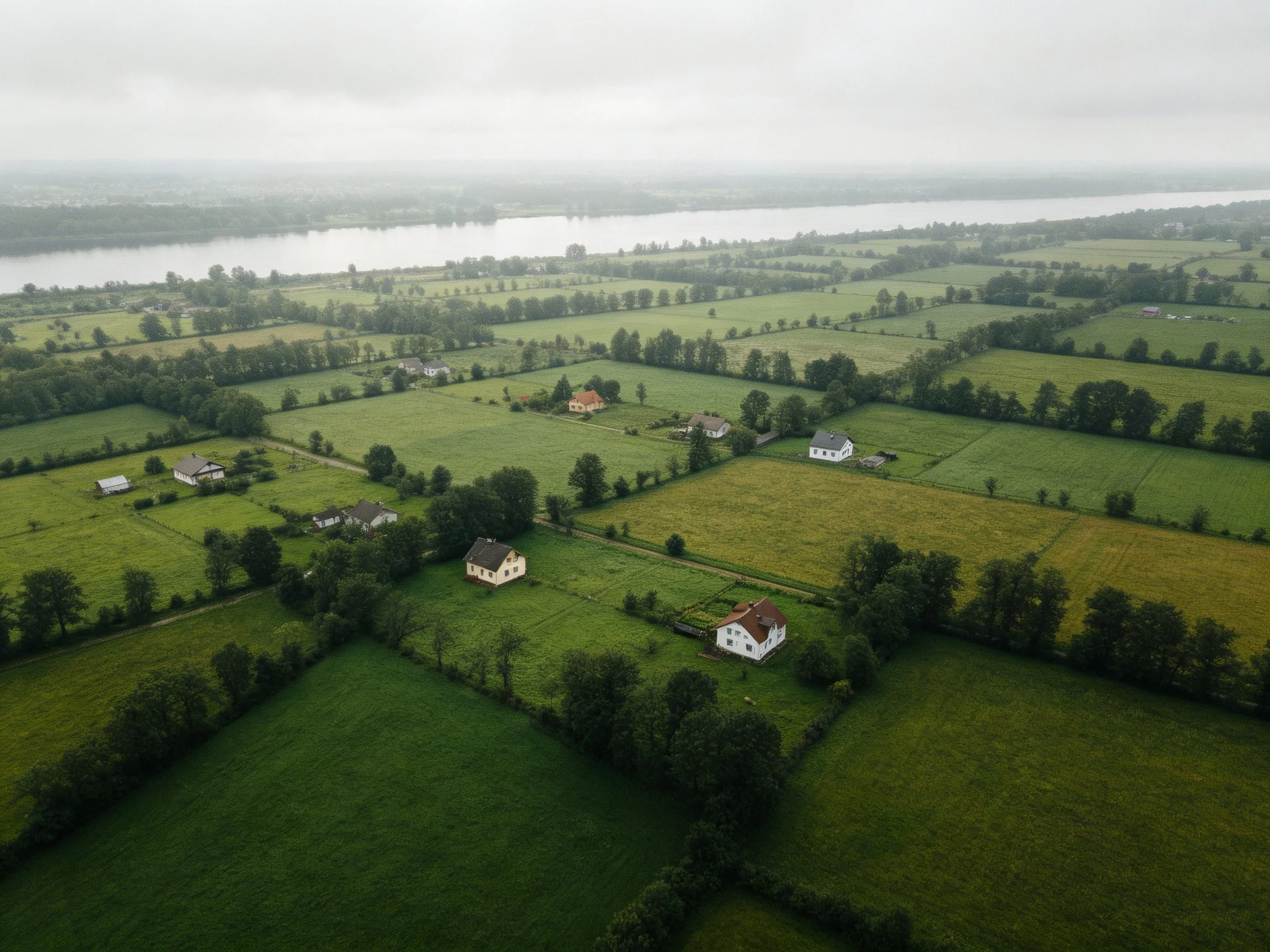 Aerial View of Rural Landscape with Green Fields and Scattered Houses