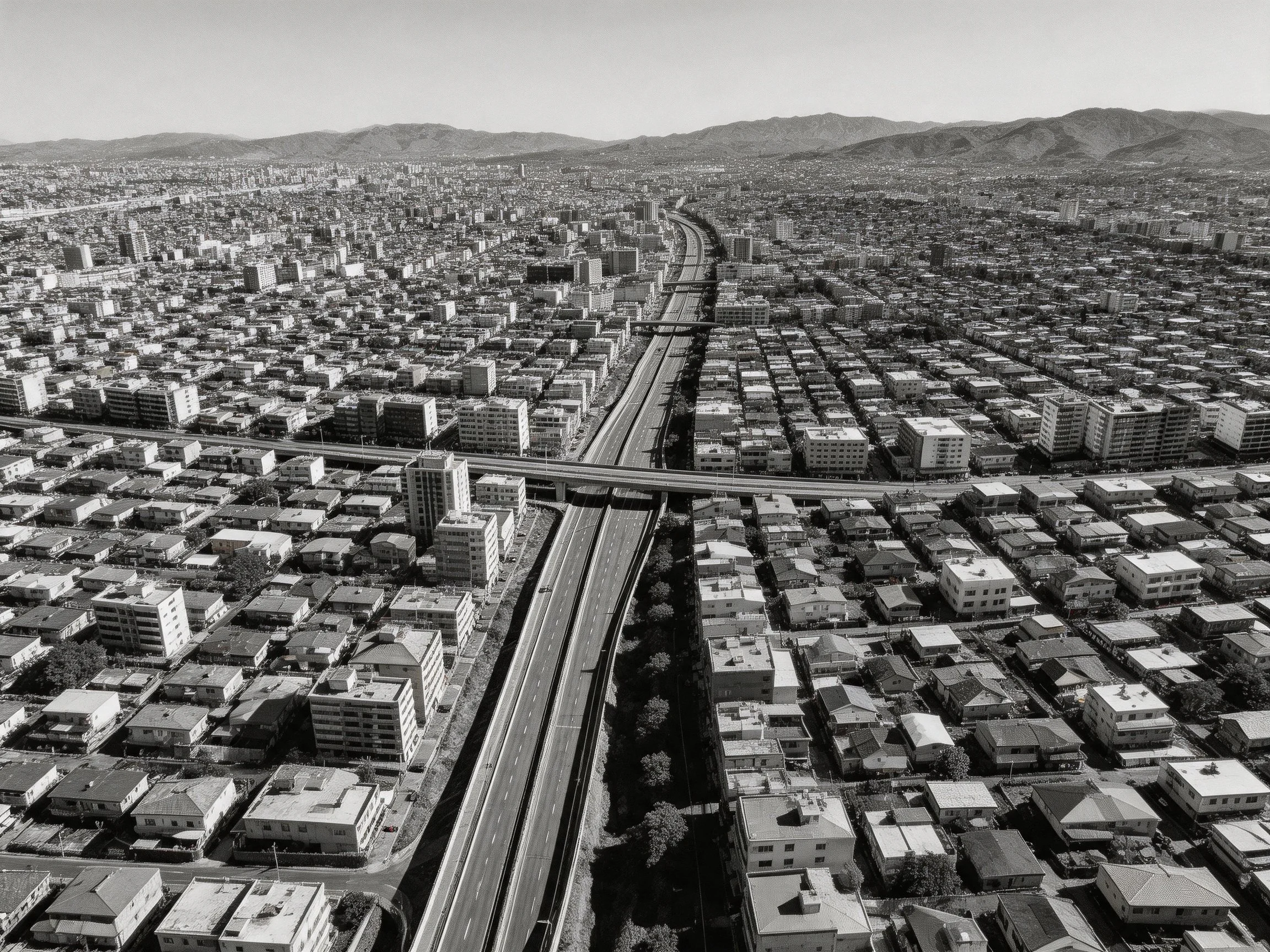 Aerial black-and-white cityscape with central highways