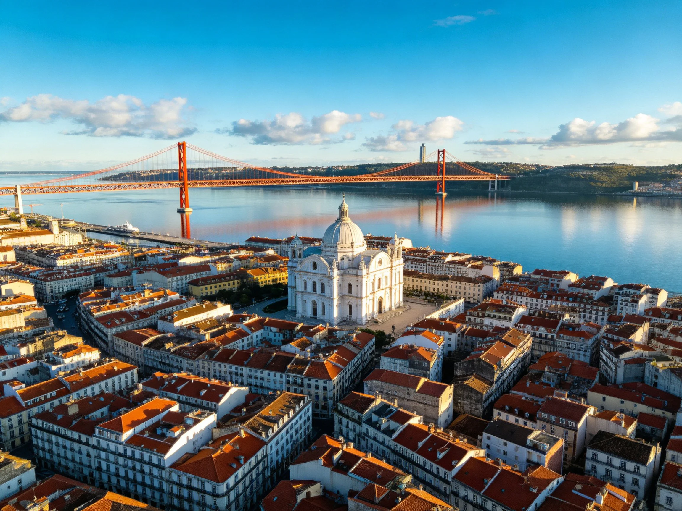 Aerial view of Lisbon with red suspension bridge and historic district