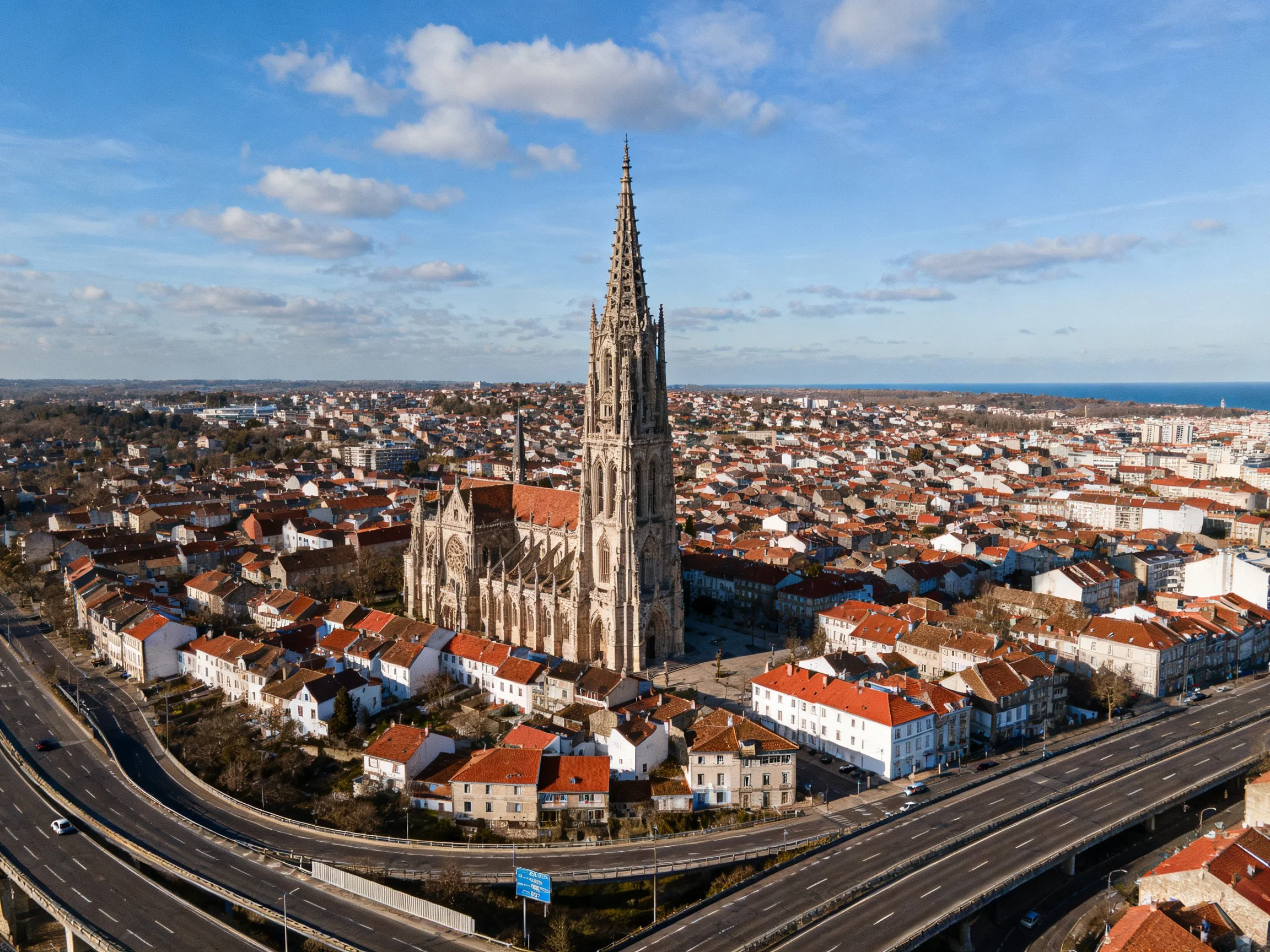 Aerial view of a Gothic cathedral in red-roofed urban landscape