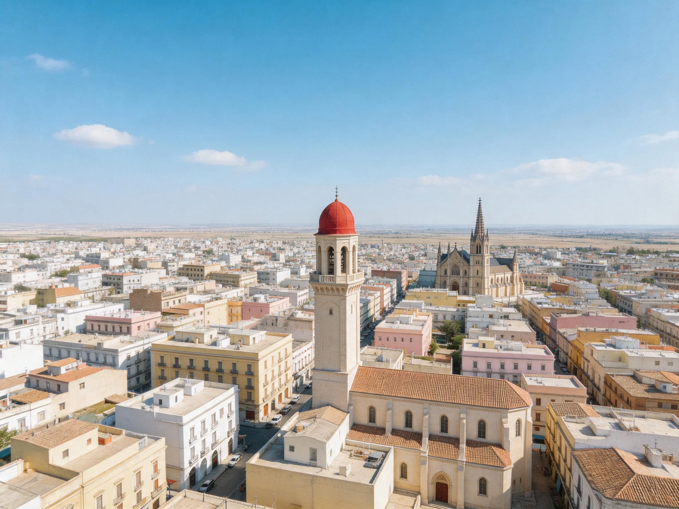 Aerial view of a Mediterranean town with red-domed tower and historic church