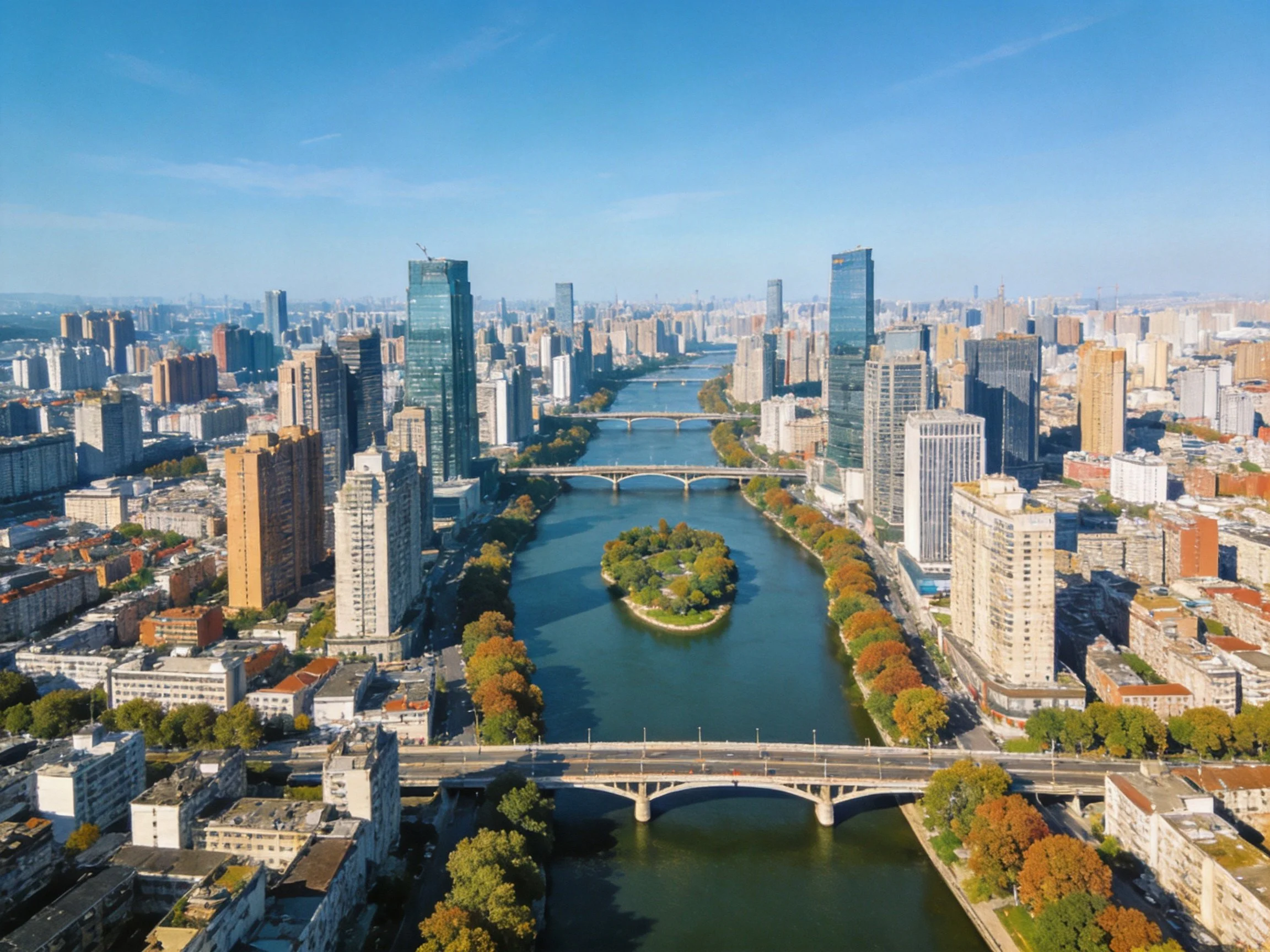 Aerial view of a city with a central river, modern skyscrapers, and autumn trees