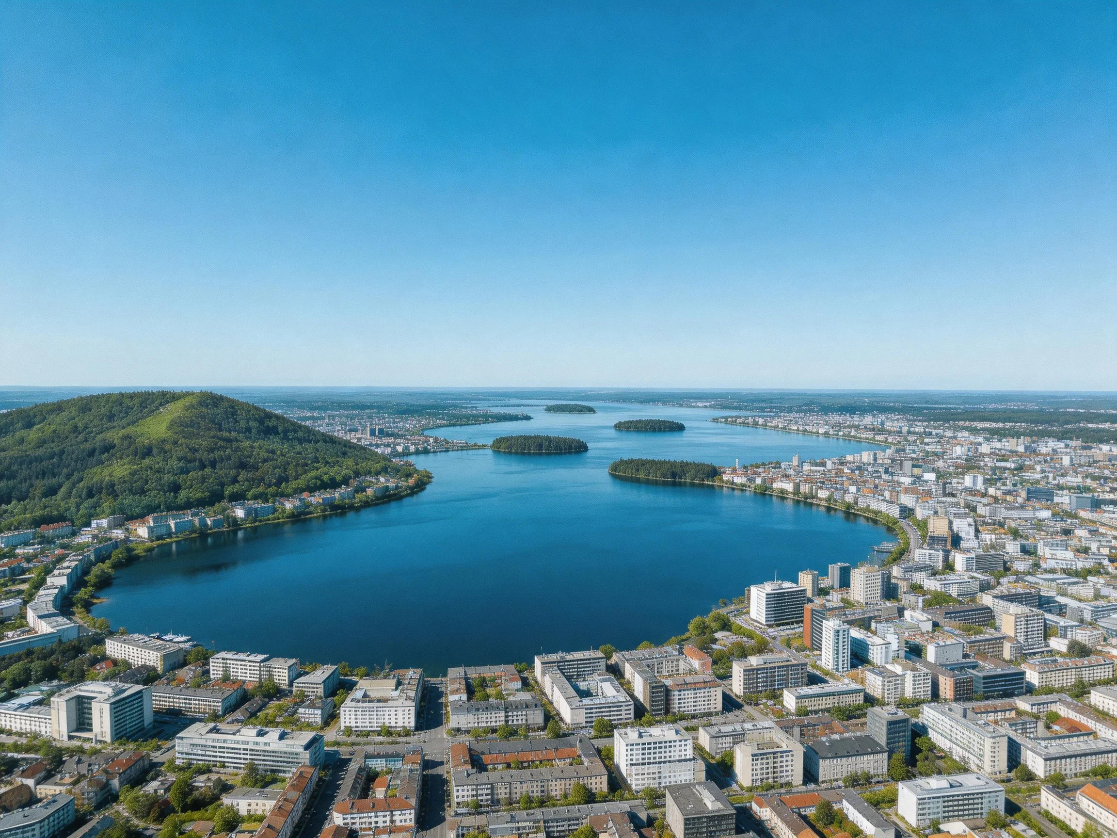 Aerial view of a city with a large blue lake and green hill