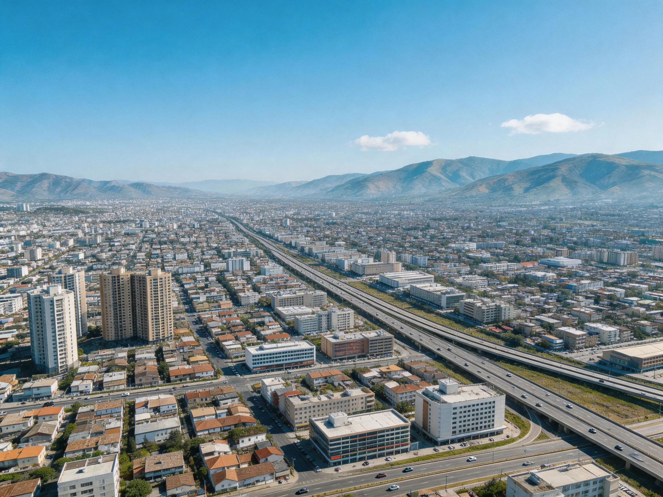 Aerial view of a large city with skyscrapers, highways, and distant mountains