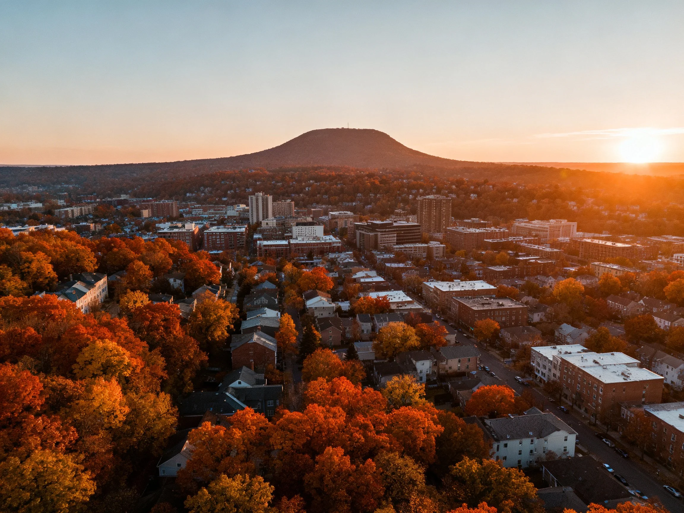Aerial view of city with autumn foliage and distant hill at sunset