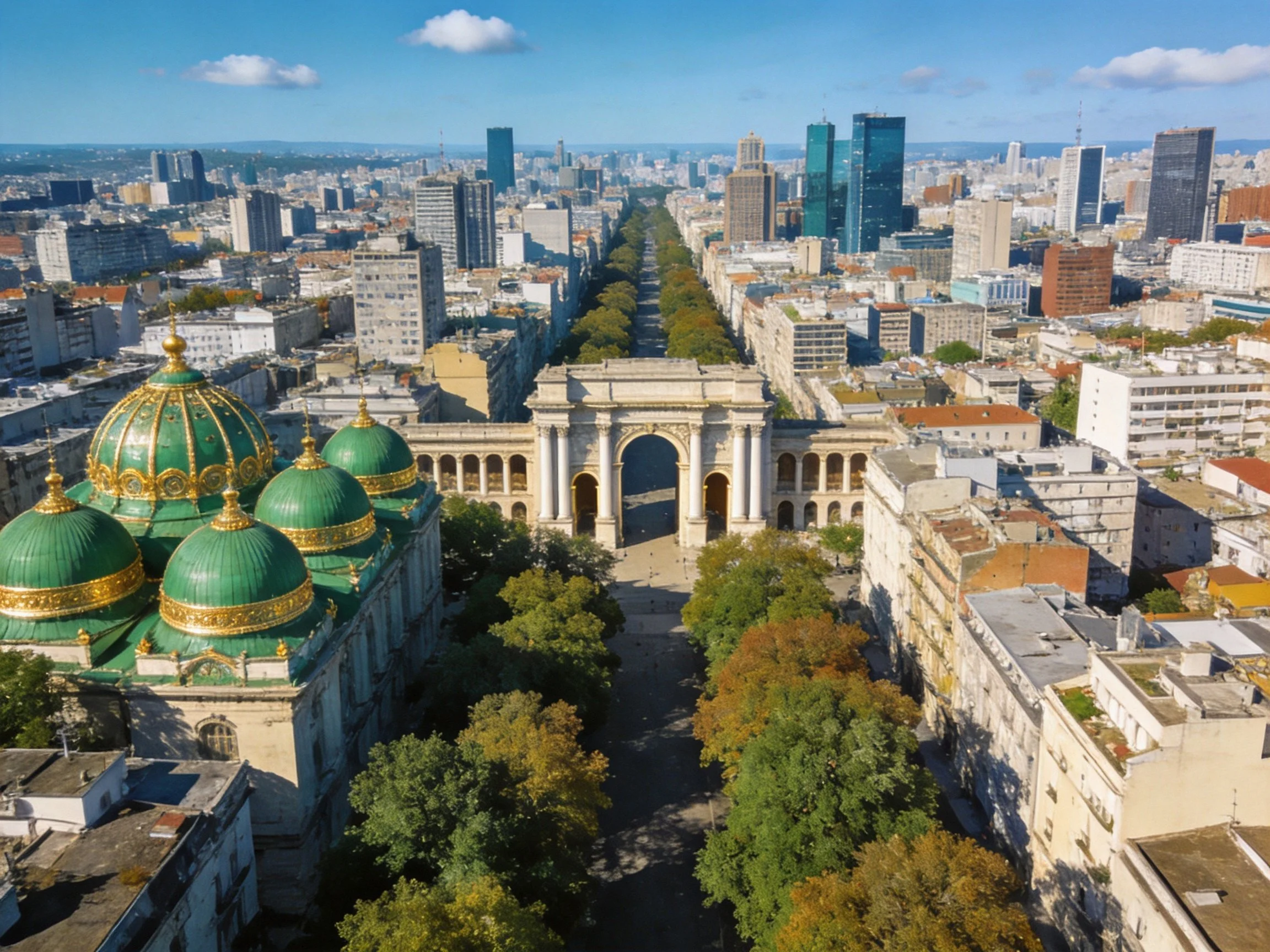 Aerial view of city with green domed buildings and grand archway
