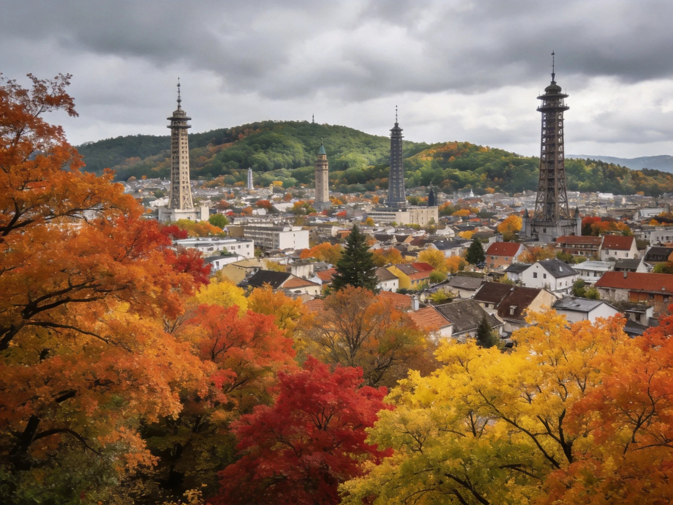 Aerial view of colorful autumn town with historic tower structures