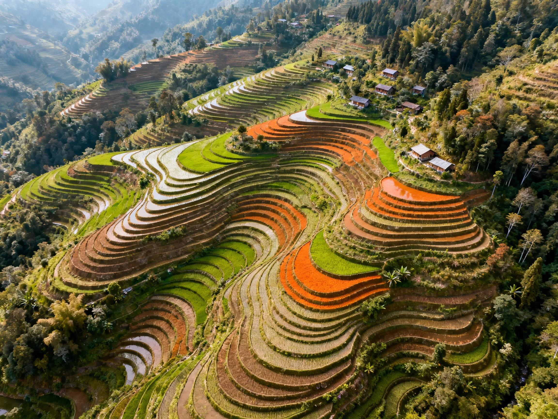 Aerial view of colorful terraced rice fields winding through mountain forests