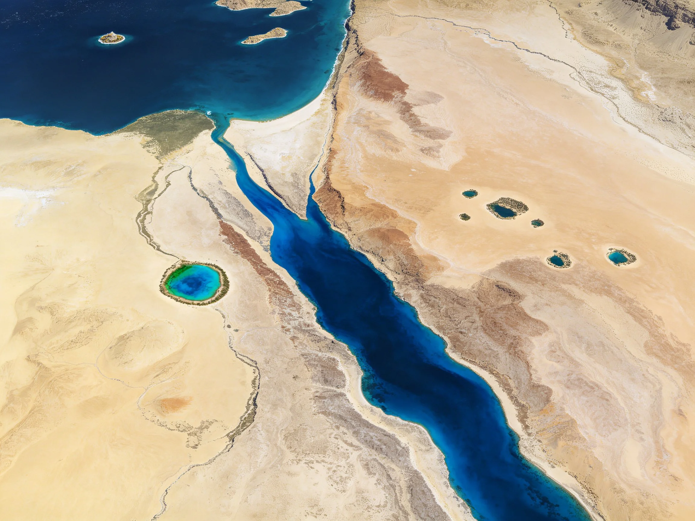 Aerial view of desert terrain with vibrant blue waterways and circular lakes