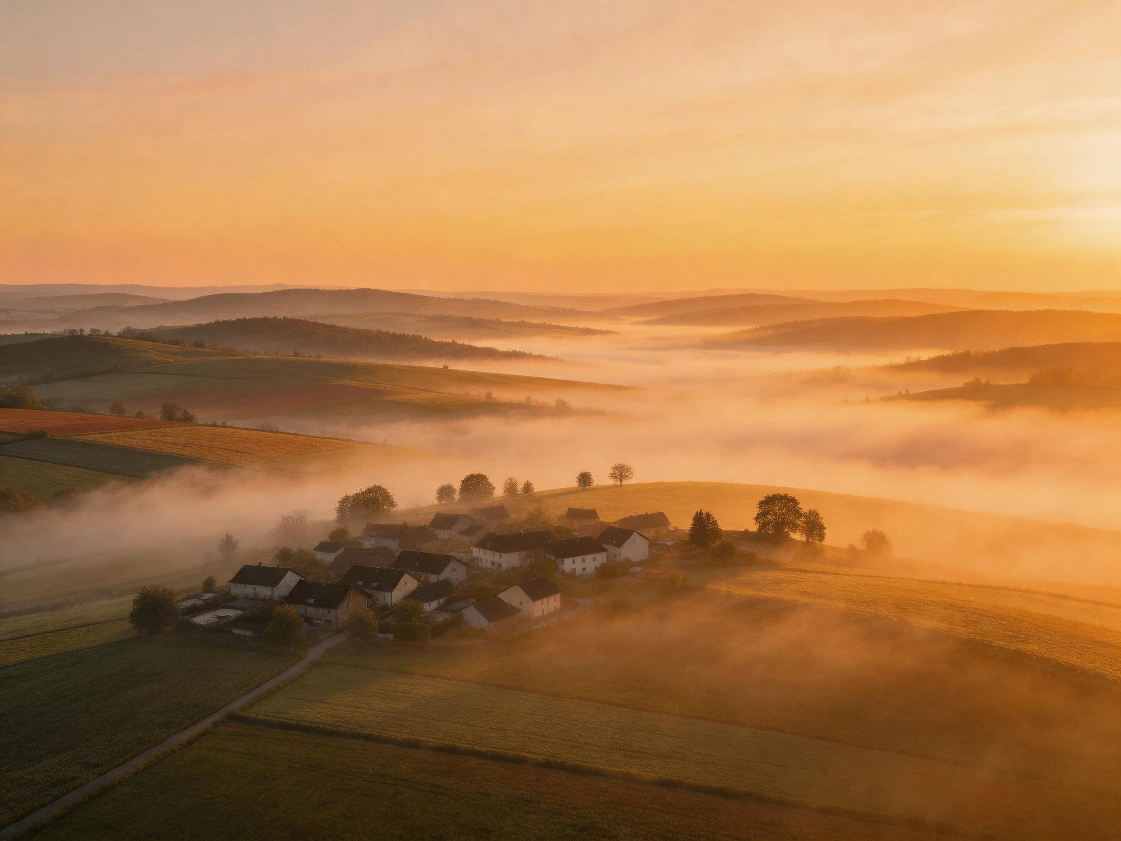 Aerial view of golden countryside village with morning mist