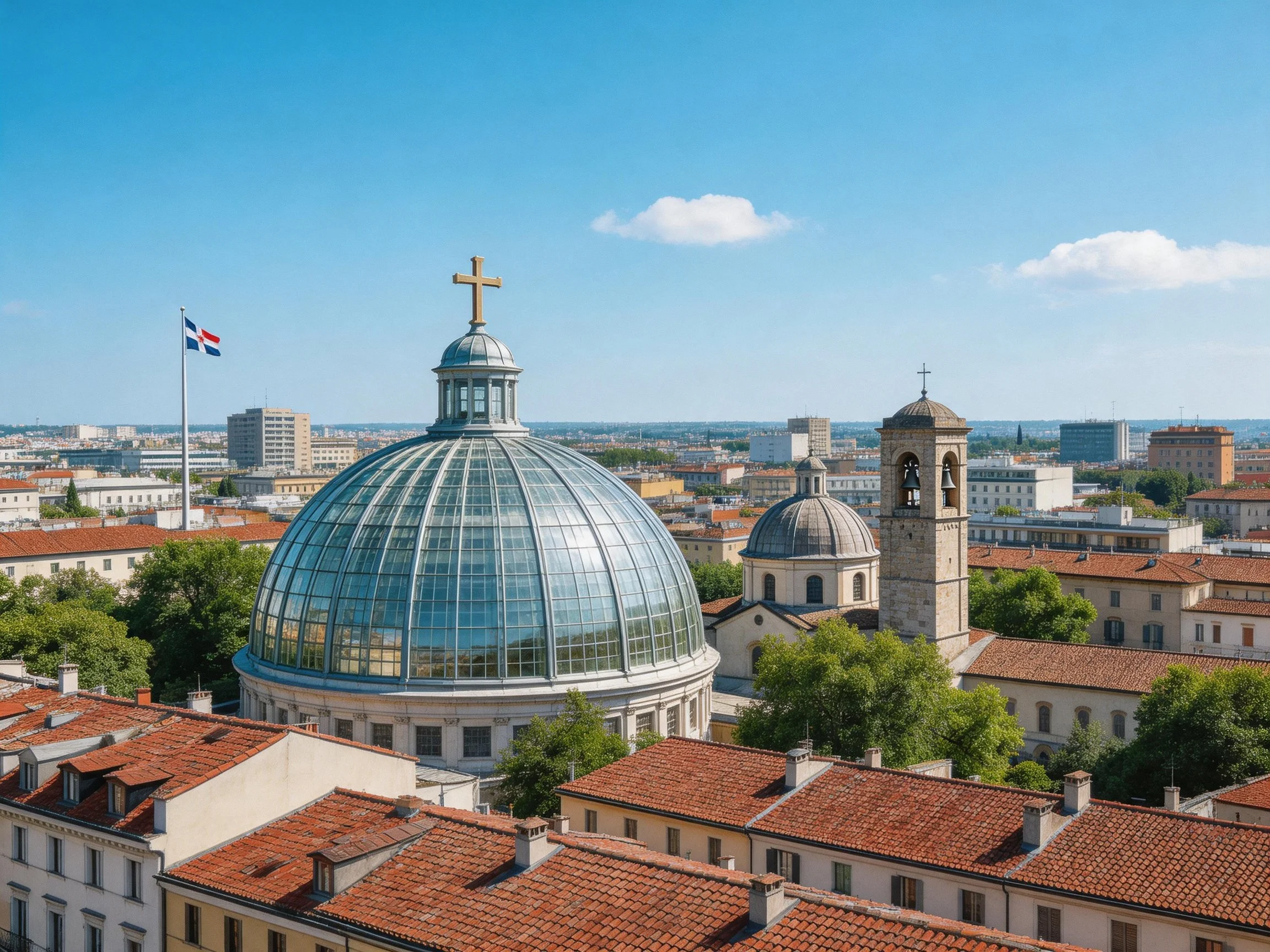 Aerial view of historic religious buildings with glass dome and red-tiled rooftops