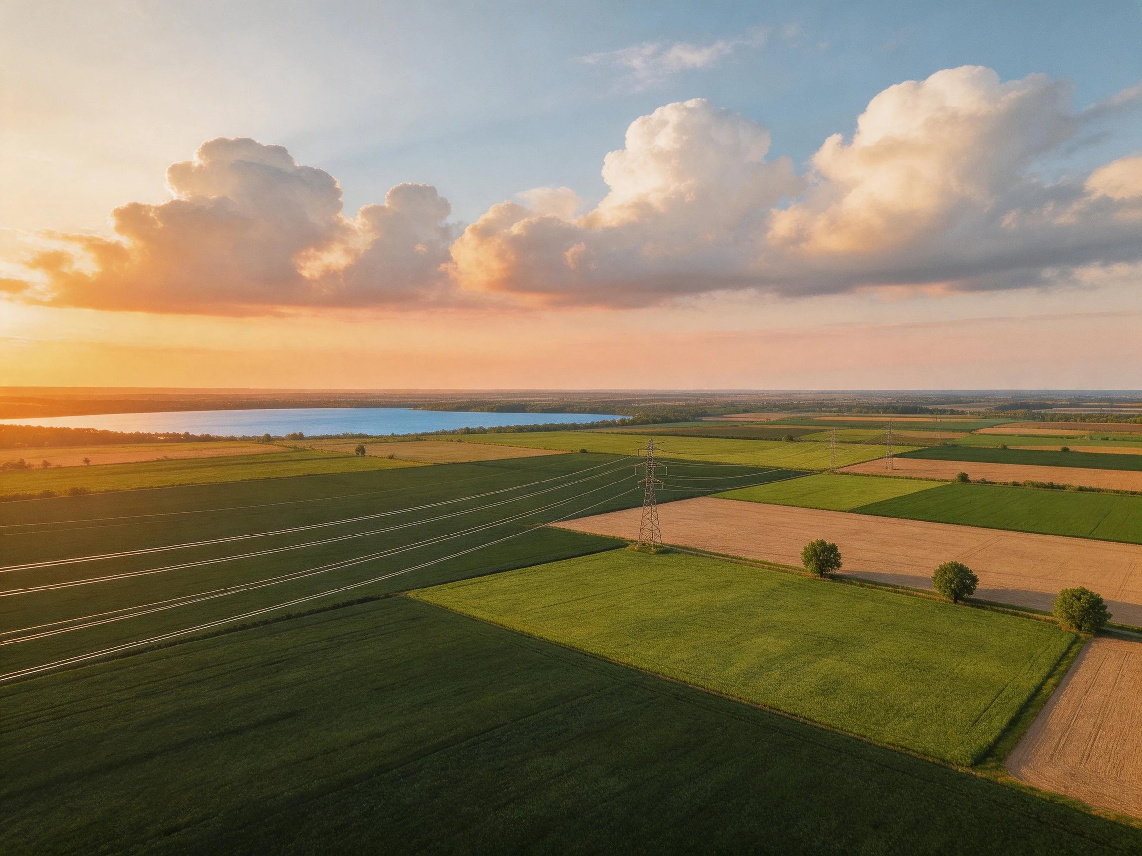 Aerial view of multicolored farmland fields near a lake during sunset