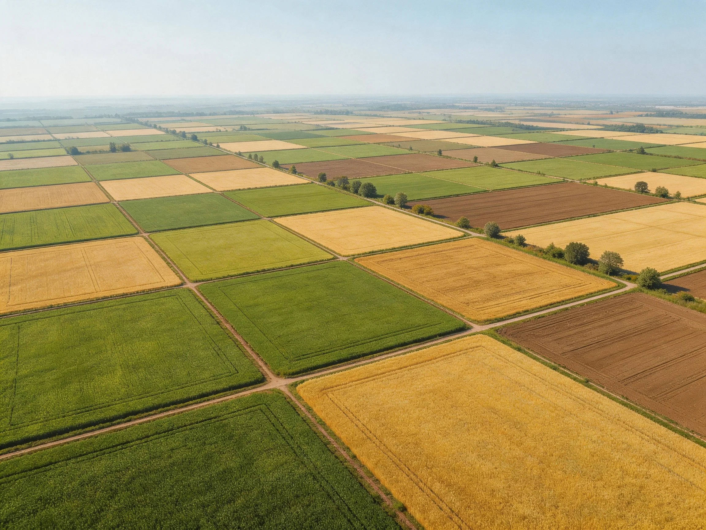 Aerial view of multicolored farmland with grid-patterned fields