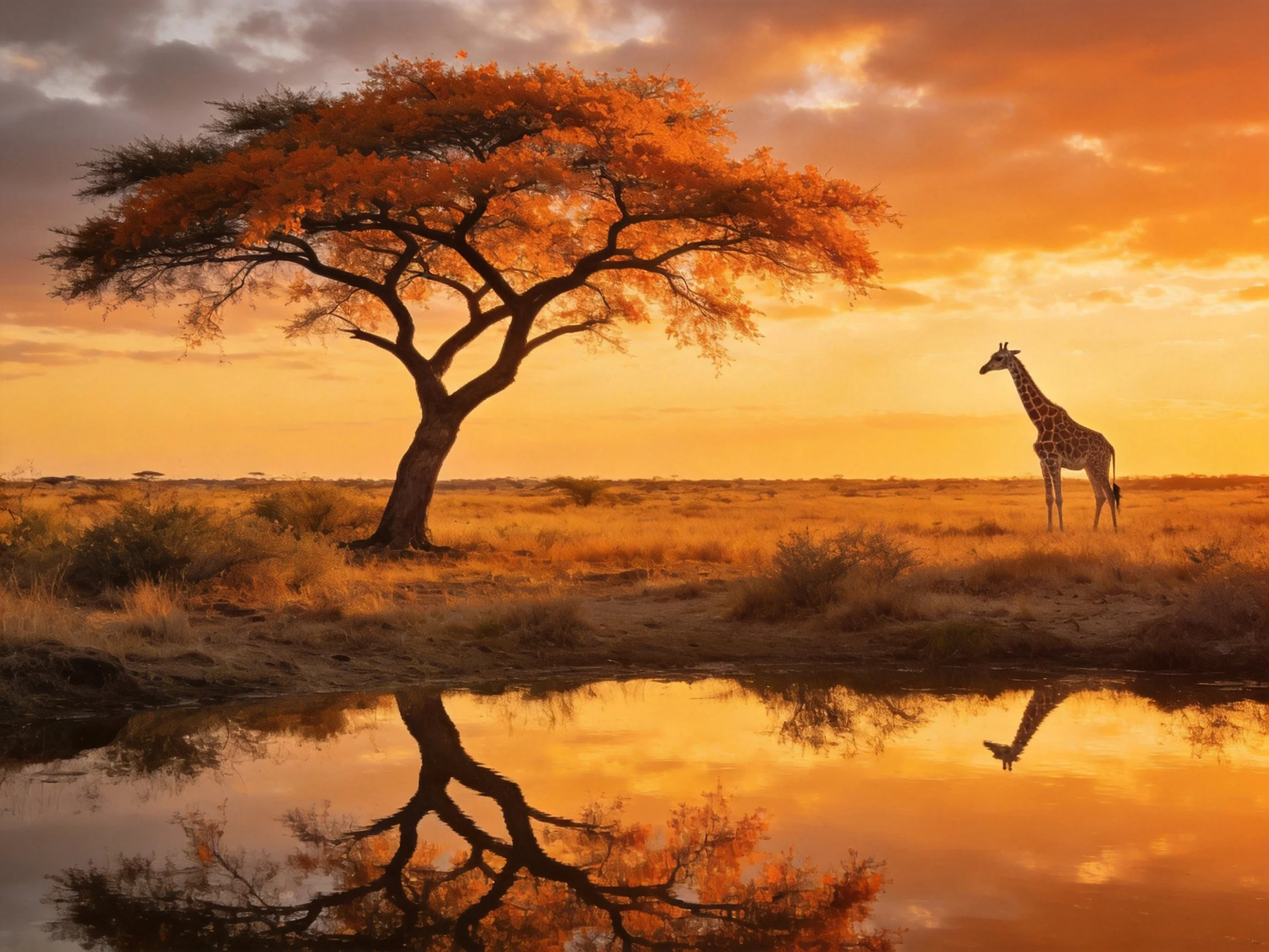African savannah sunset with acacia tree and giraffe reflection