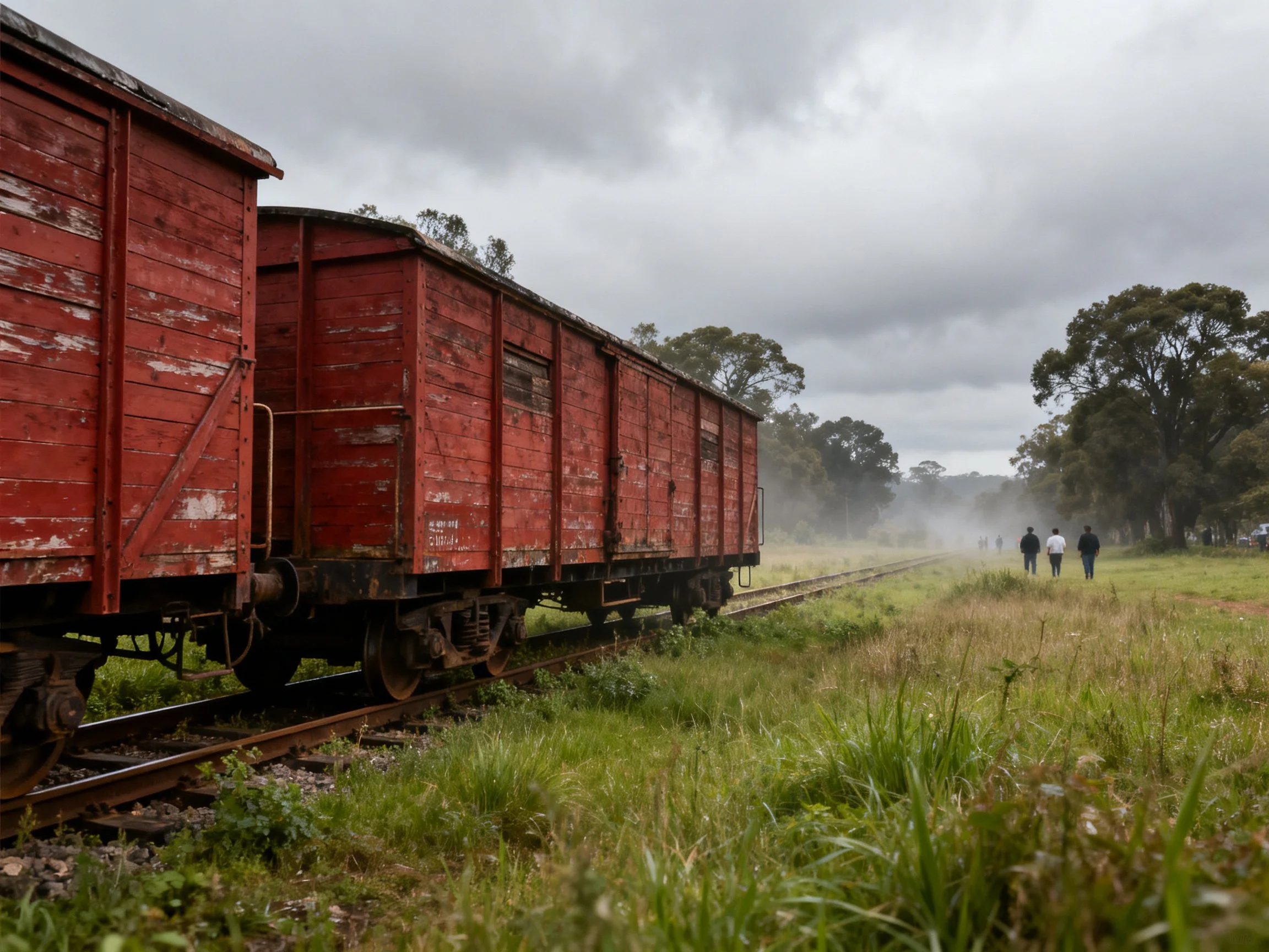 Aged Red Train Cars on Misty Rural Tracks