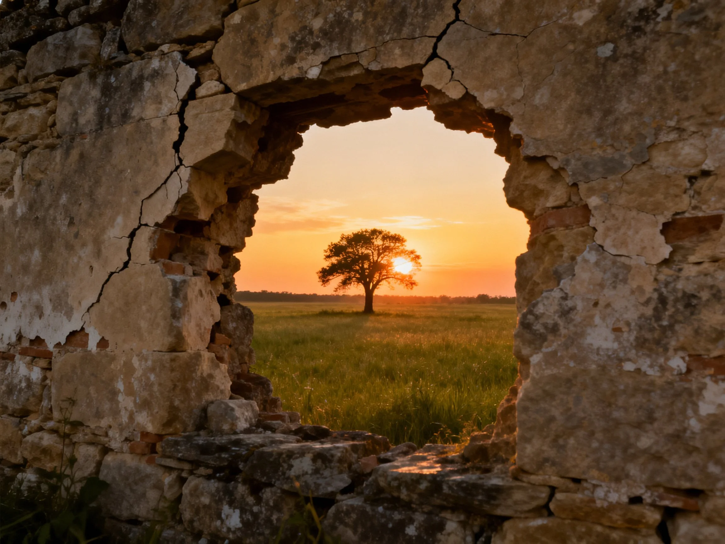 Aged stone wall frames golden sunset with solitary tree