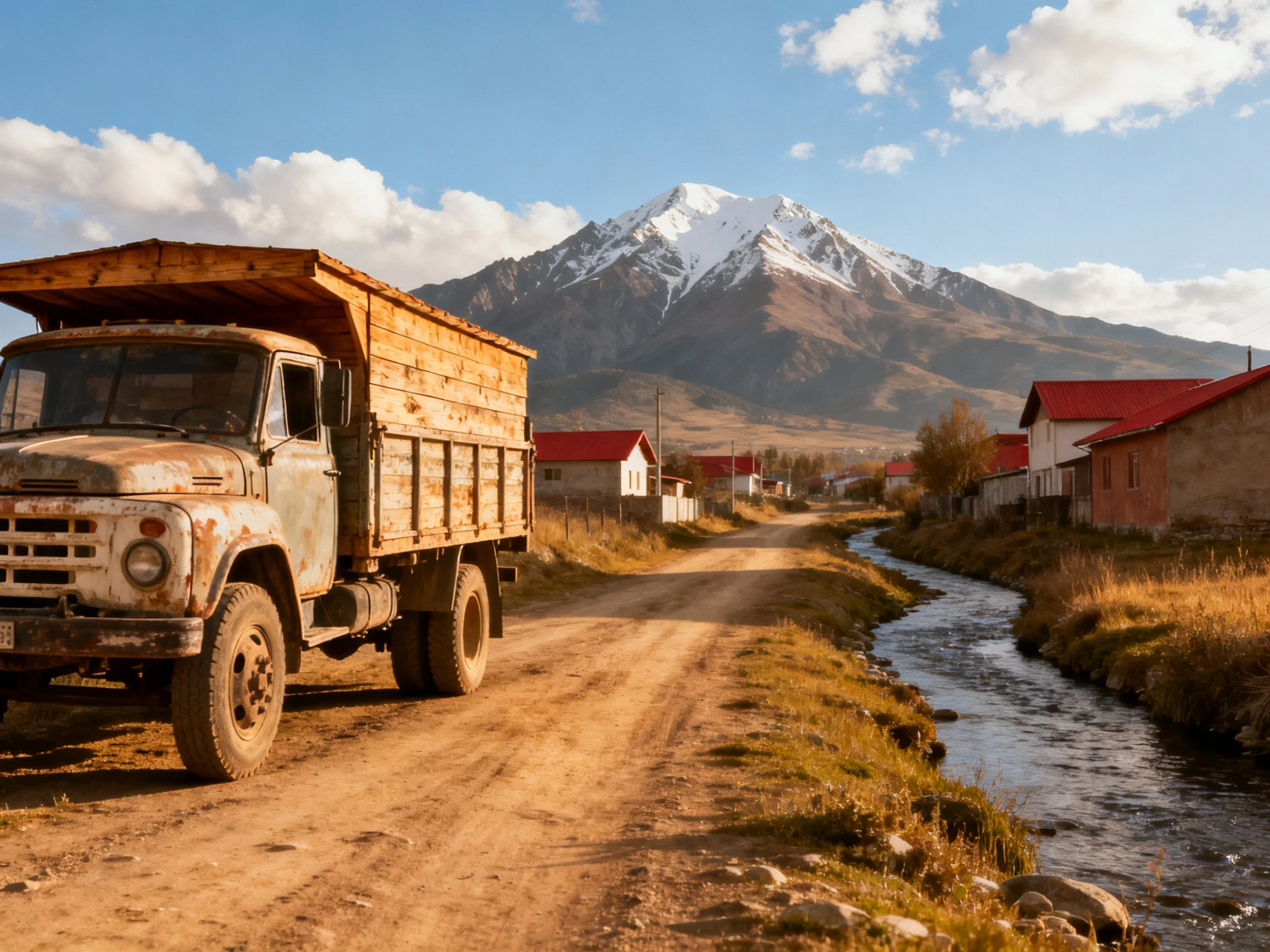 Aged wooden truck on dusty village road near red-roofed homes, snow-capped mountains