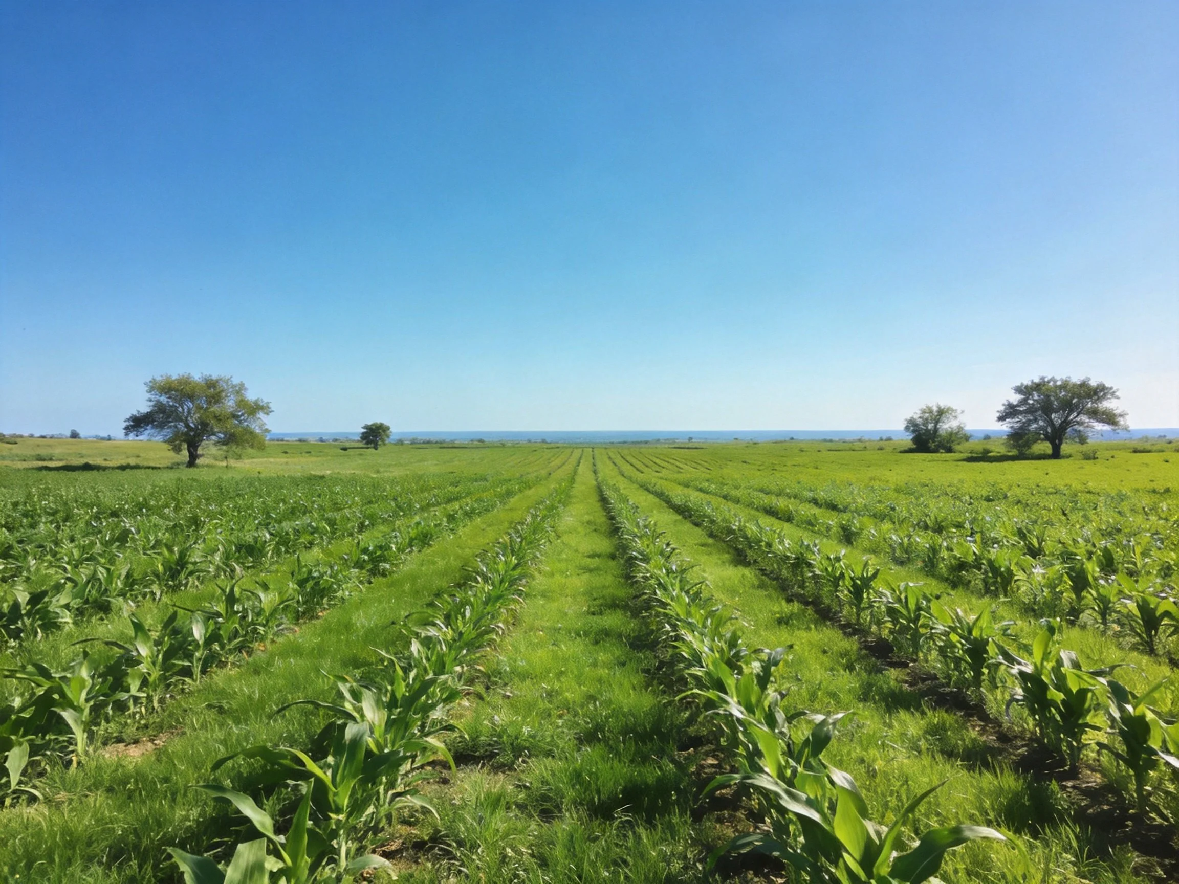 Agricultural Field with Lush Green Crop Rows Under Clear Blue Sky