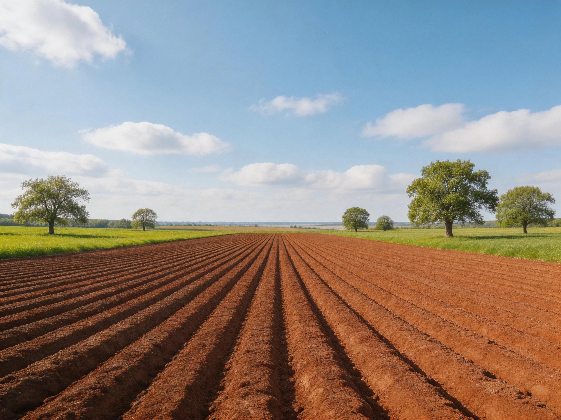 Agricultural Field with Red Plowed Rows, Green Fields, and Trees Under Blue Sky