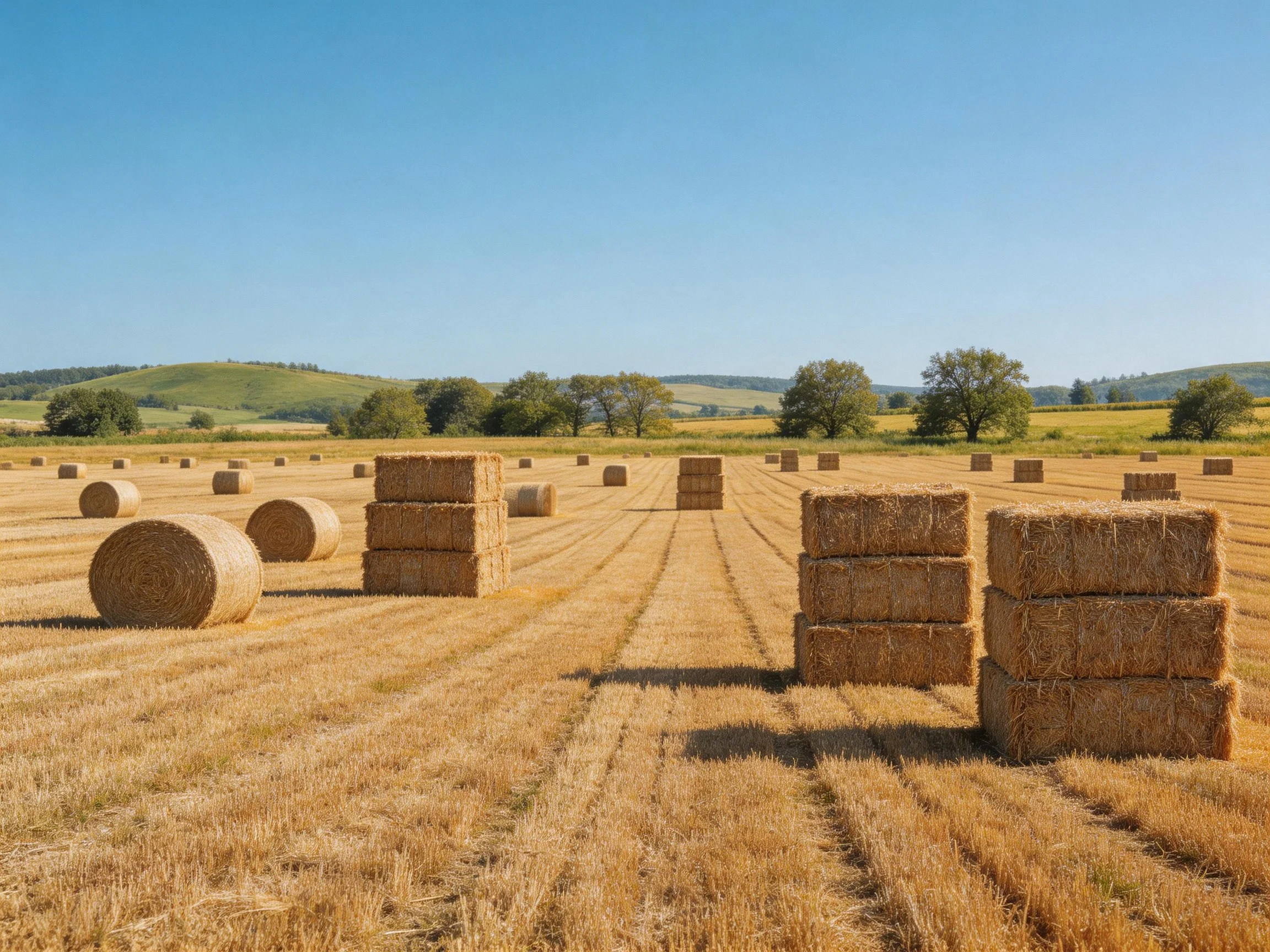 Agricultural Field with Round and Stacked Hay Bales Under Blue Sky