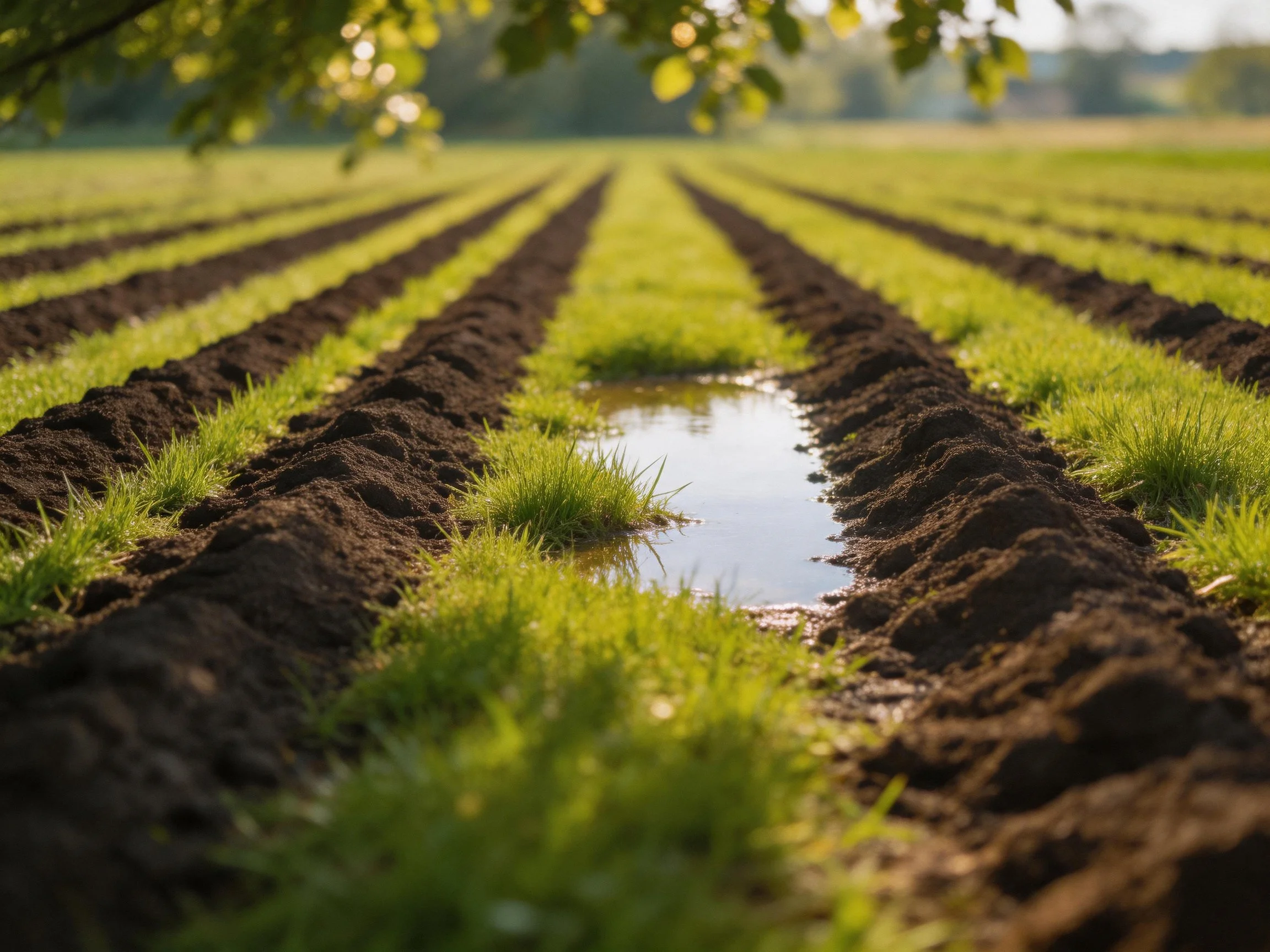 Agricultural field with parallel rows, green grass, and dark soil