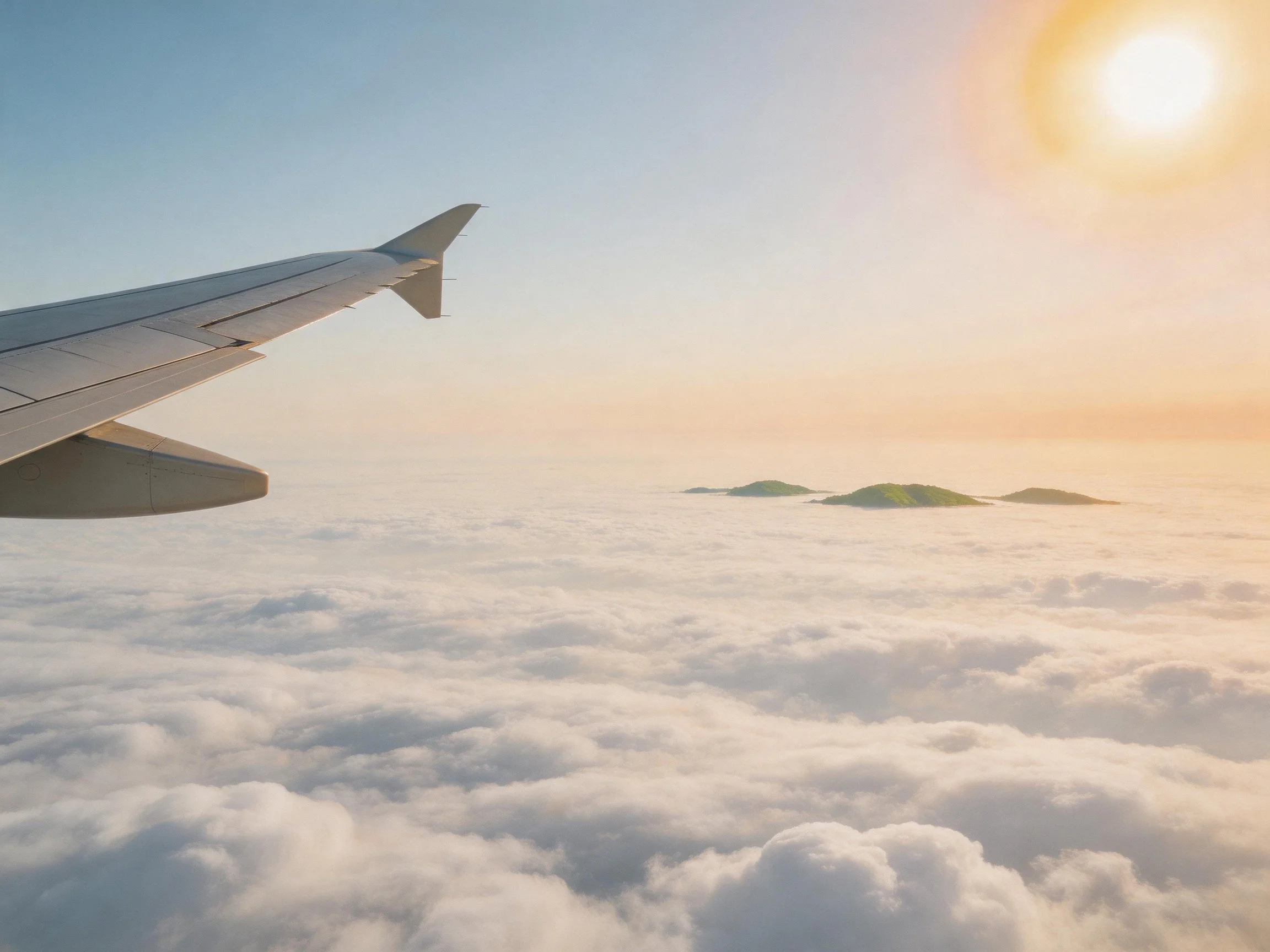 Airplane wing soaring above fluffy clouds, sun, and green hills