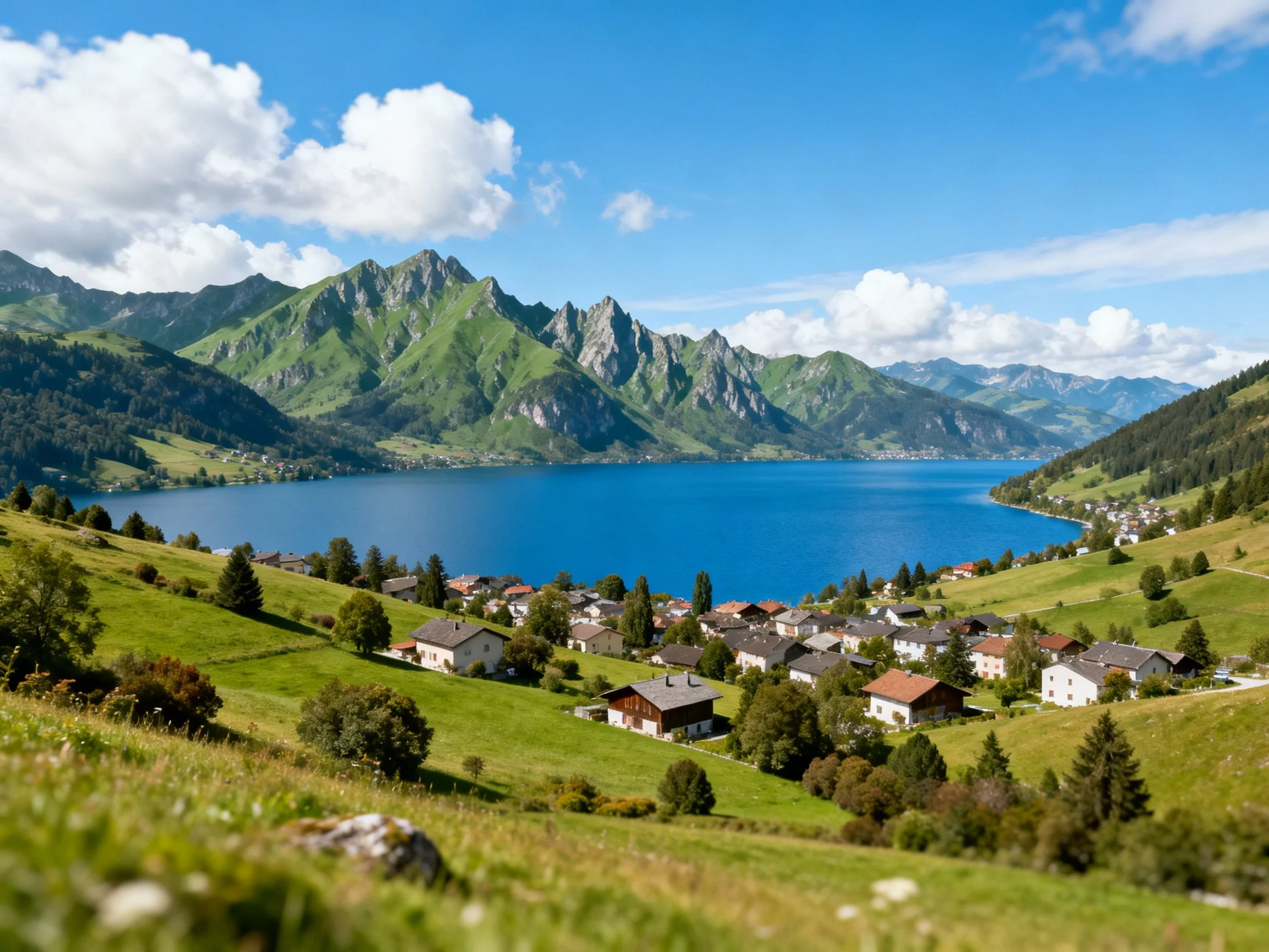 Alpine village by large blue lake with green mountains