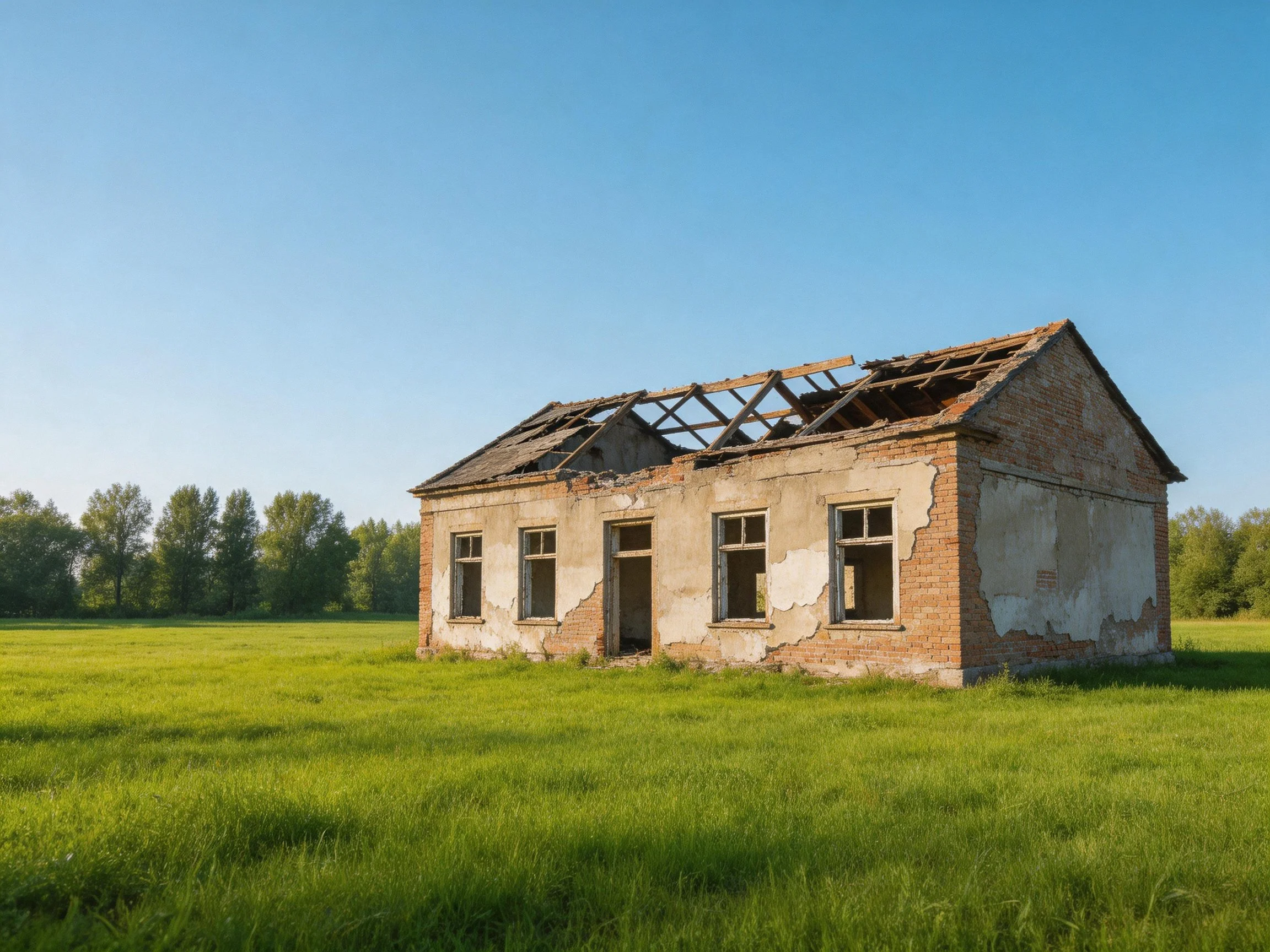 An abandoned brick house with a damaged roof in a lush green field
