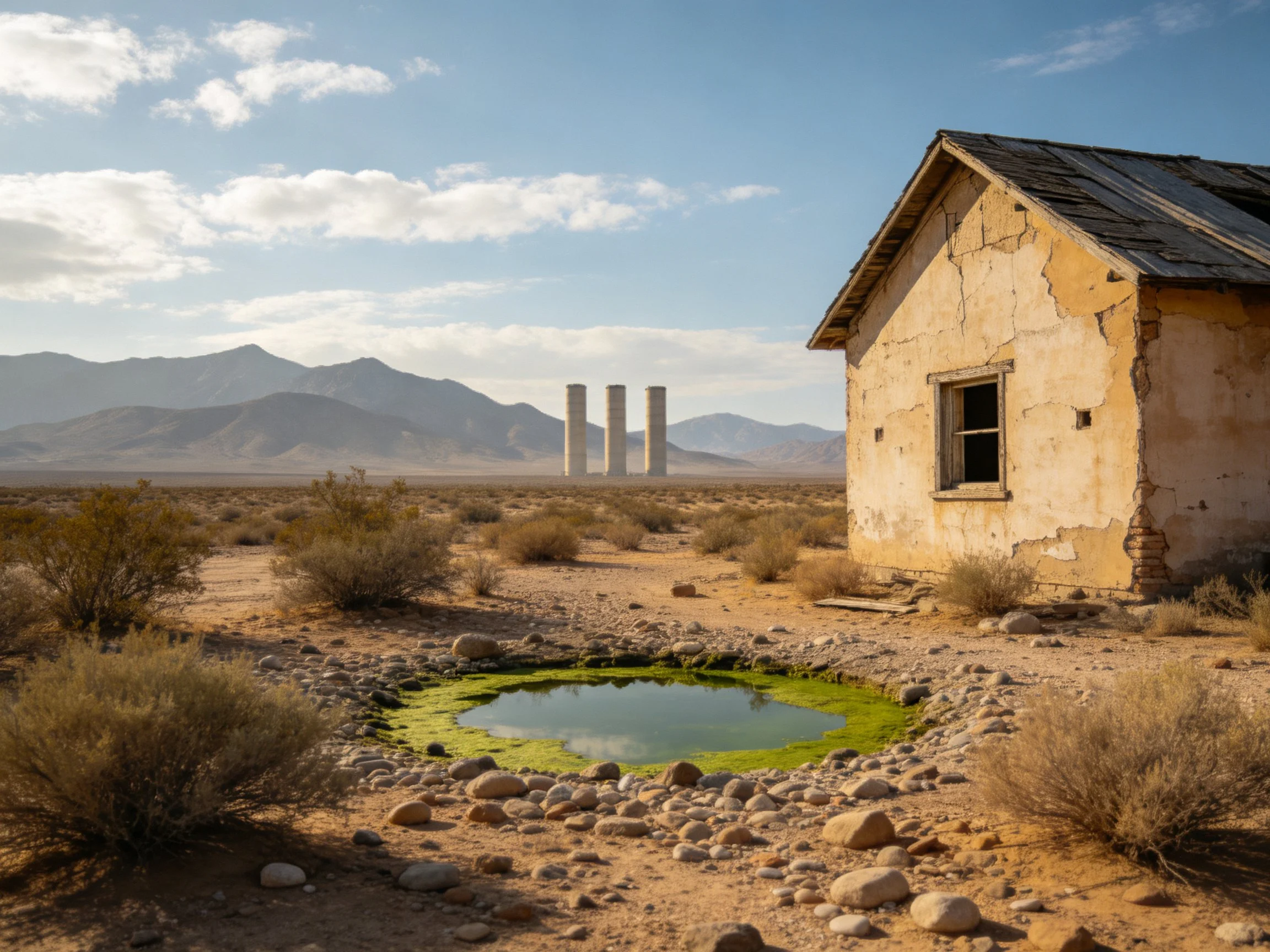 An abandoned house beside a green-algae pond in desolate desert