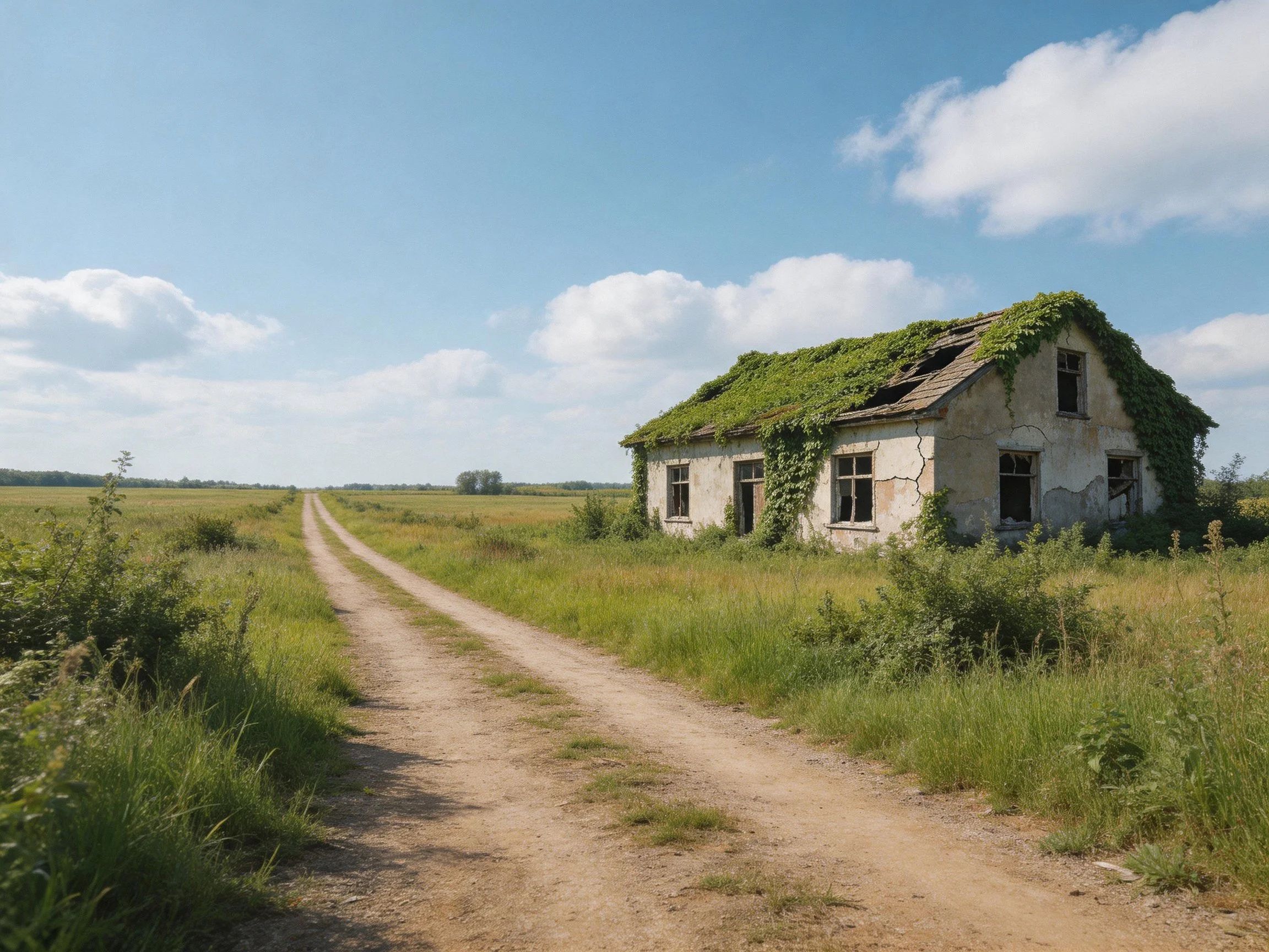 An abandoned ivy-covered house beside a long dirt road