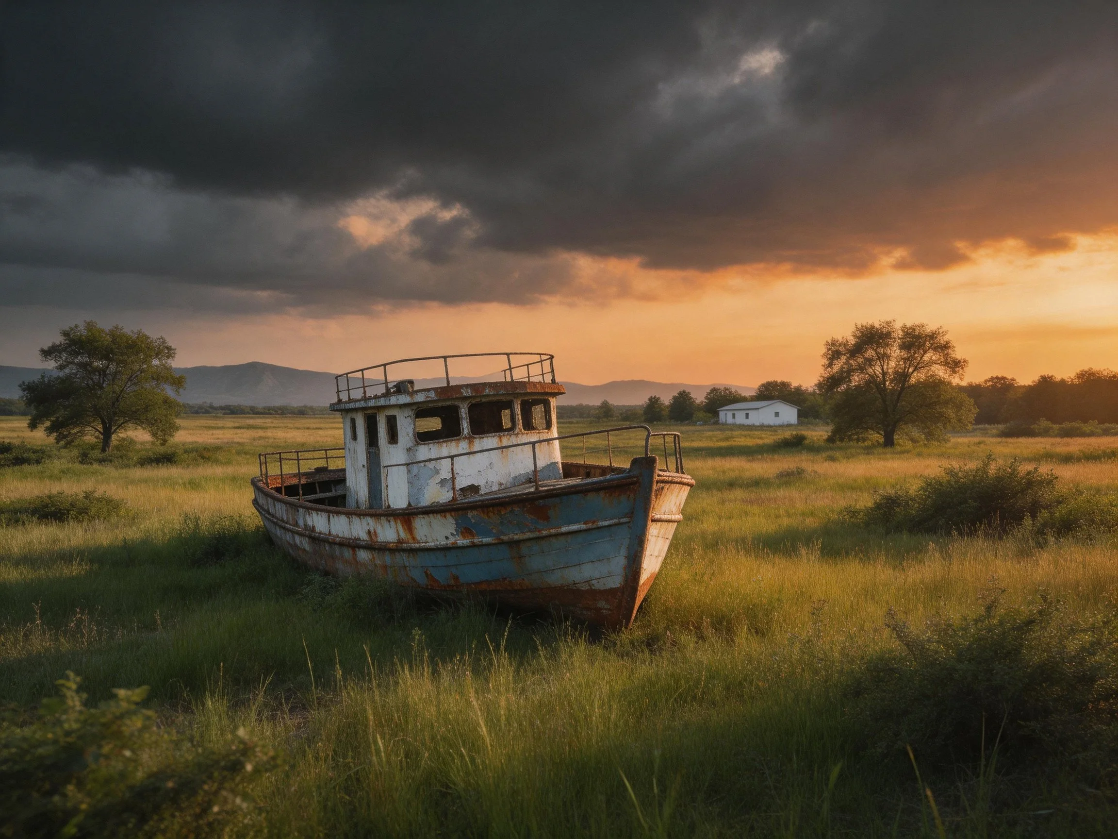 An abandoned, rusted boat rests in a golden field under stormy skies