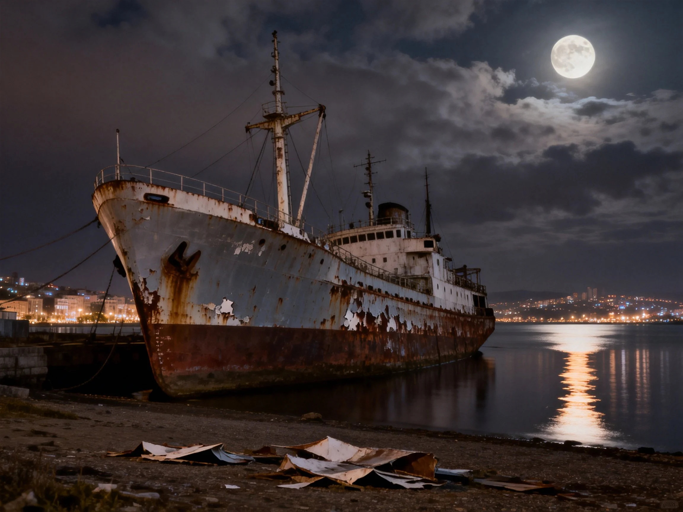 An abandoned, rusted ship docked by moonlight near glowing city lights