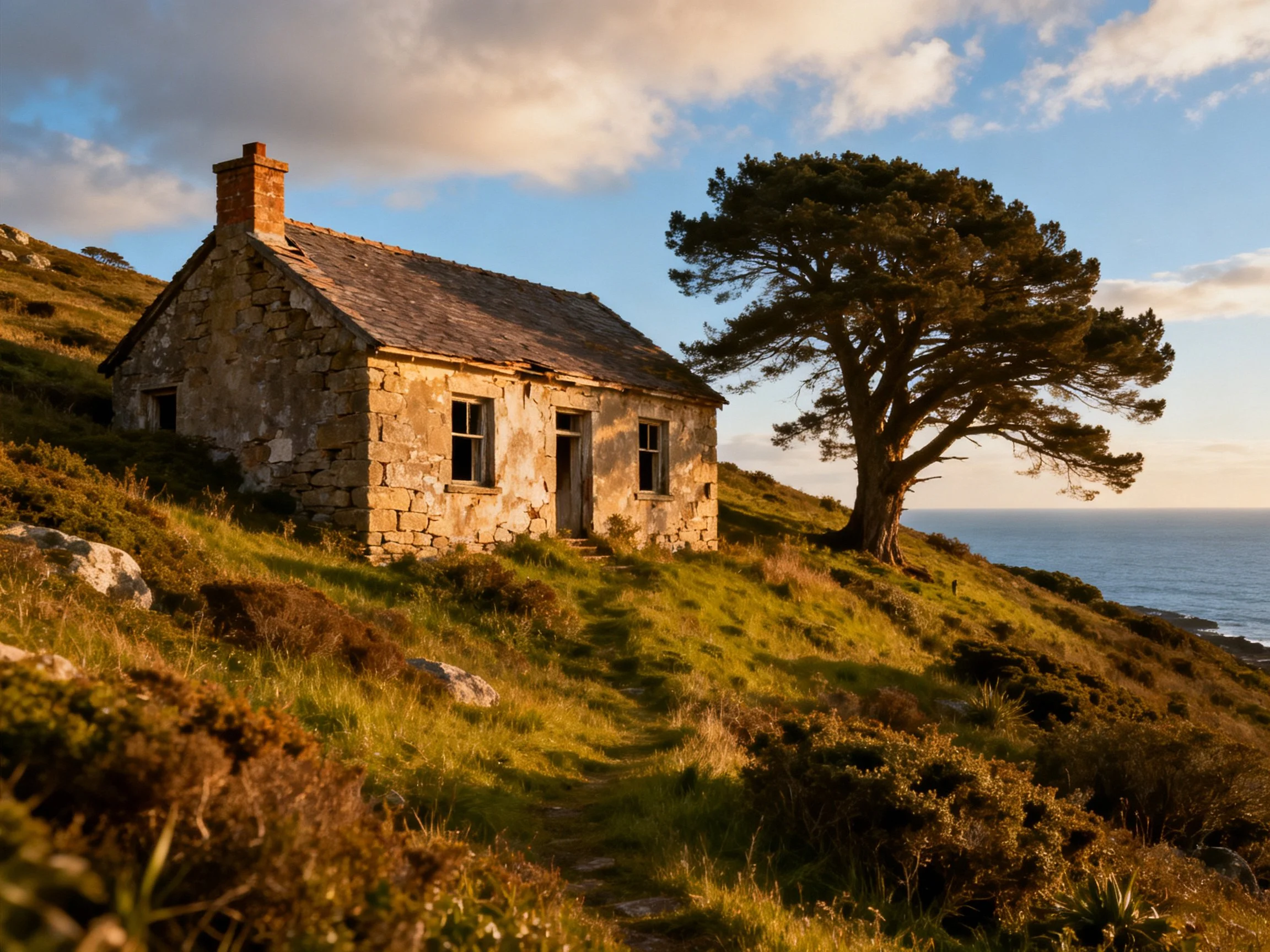 An abandoned stone cottage beside a lone tree by the seaside