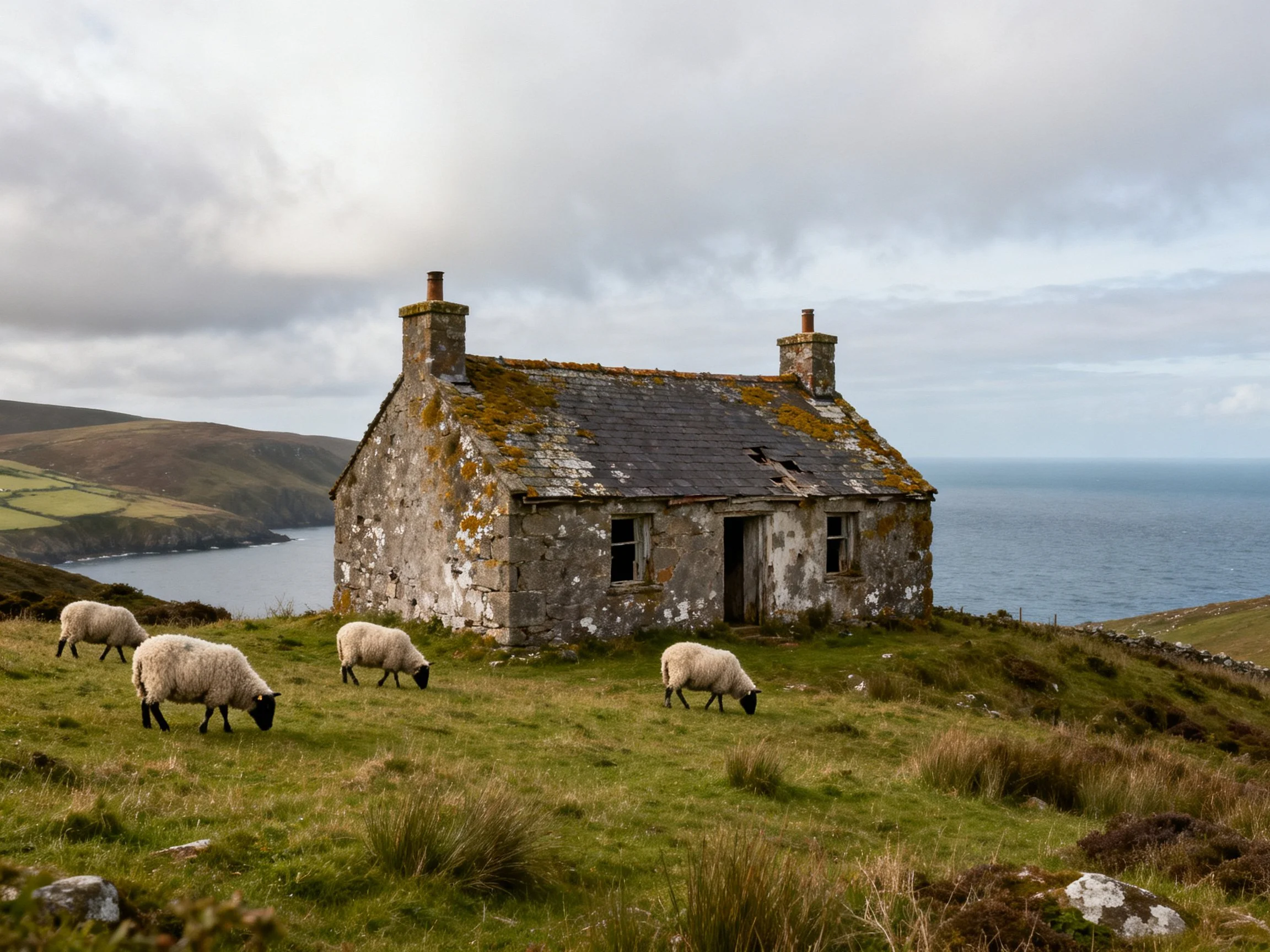An abandoned stone cottage by the coast with grazing sheep