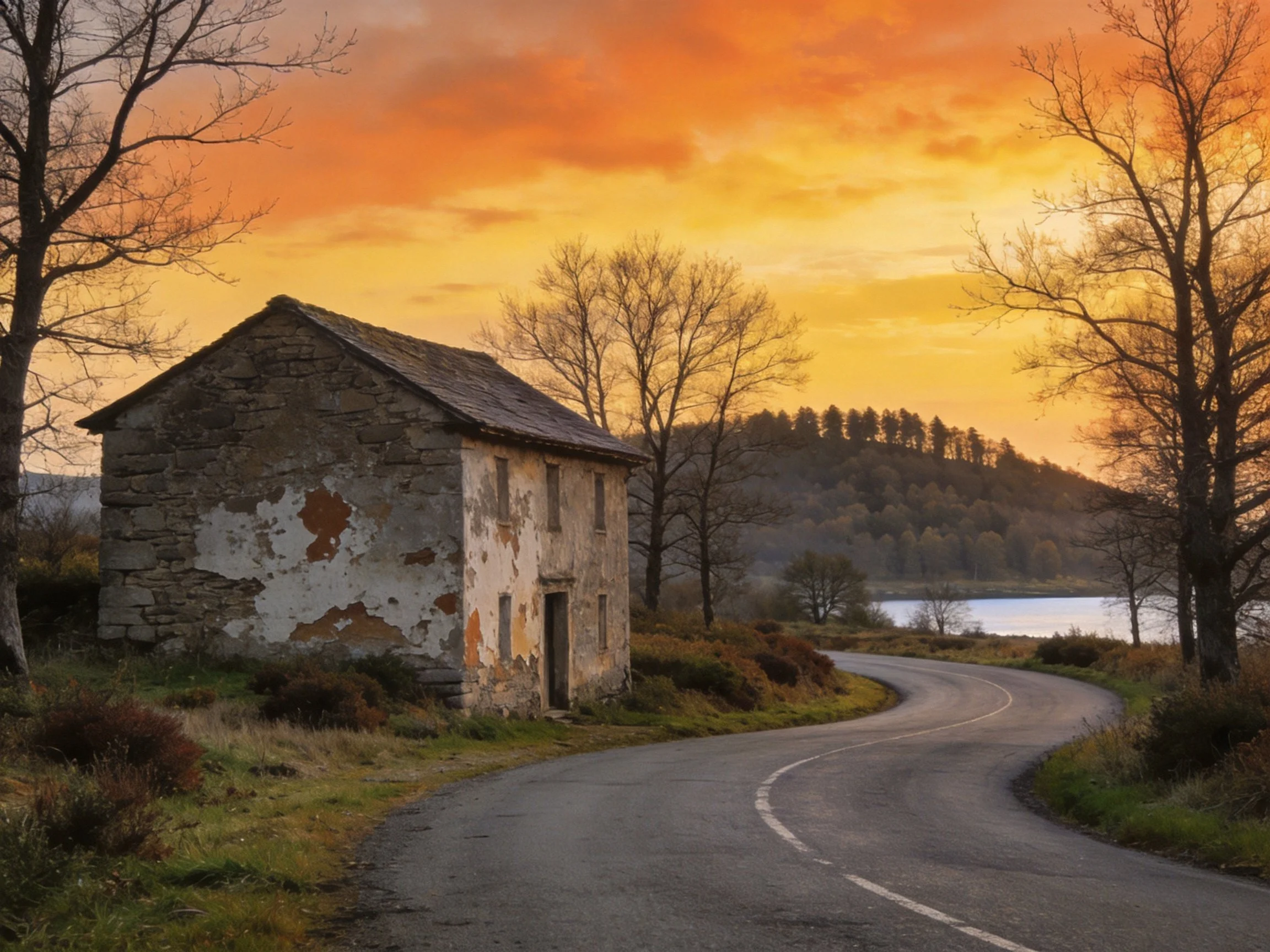 An abandoned stone house beside a winding road under vibrant sunset skies