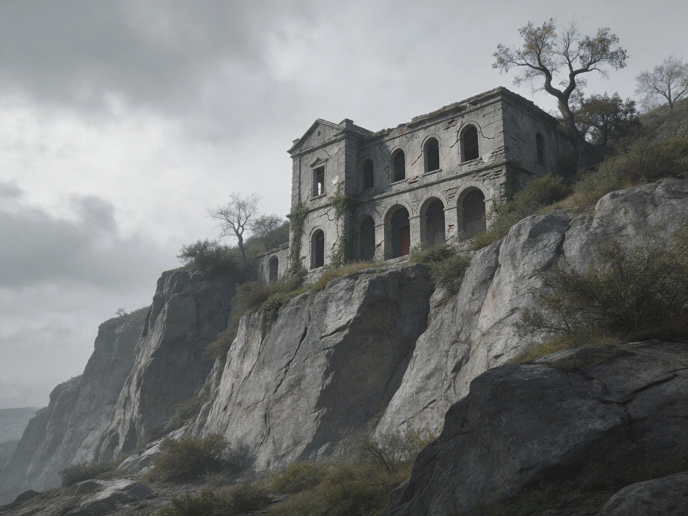 An abandoned stone mansion perched atop a rugged cliffside