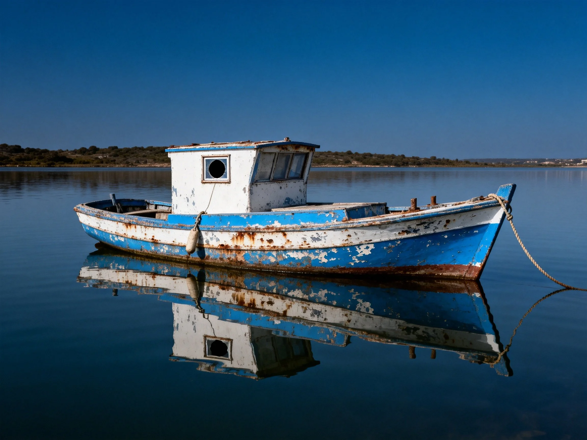 An aged blue and white fishing boat floats on still water