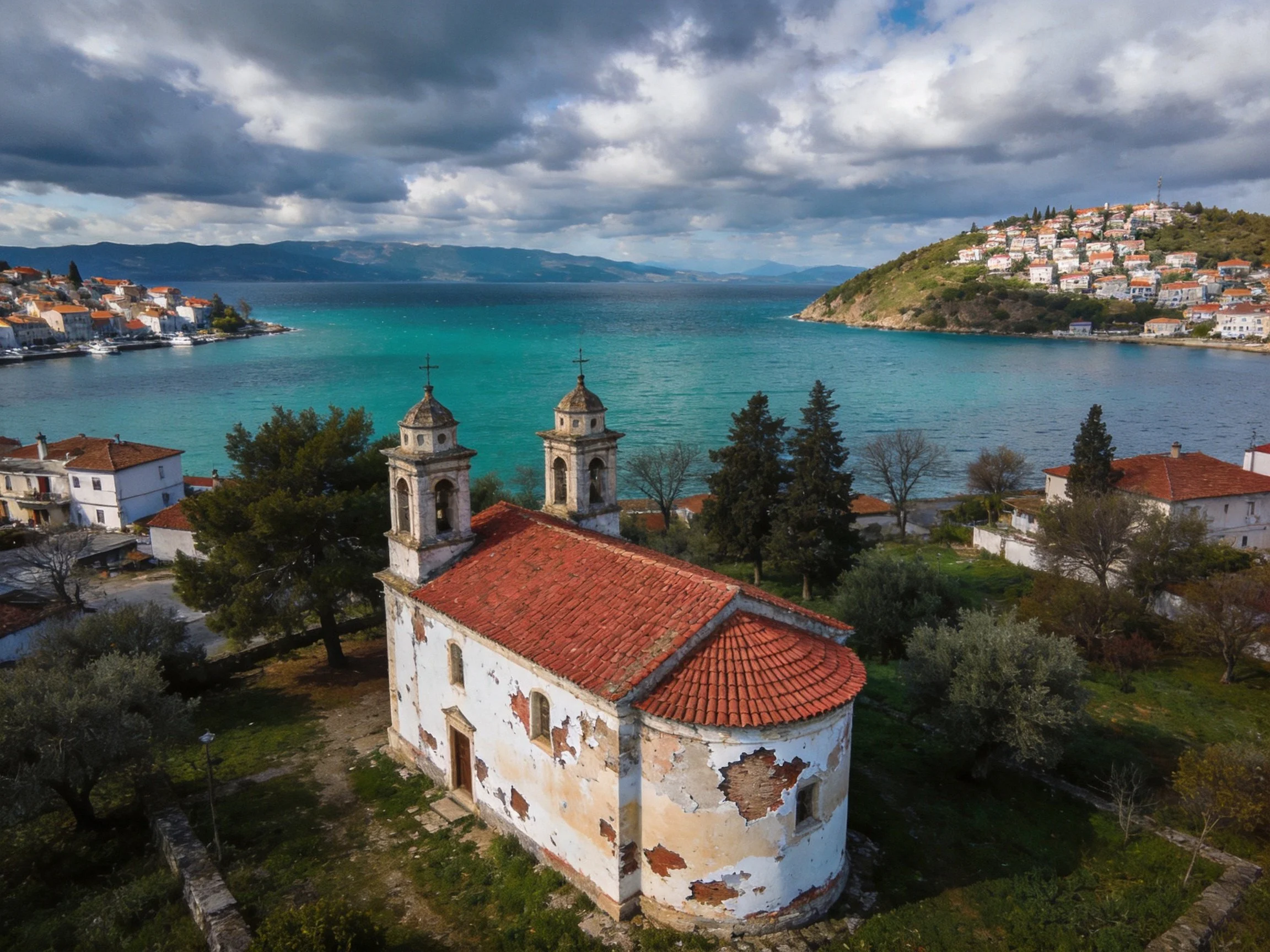 An aged church with red-tiled roof overlooks turquoise bay