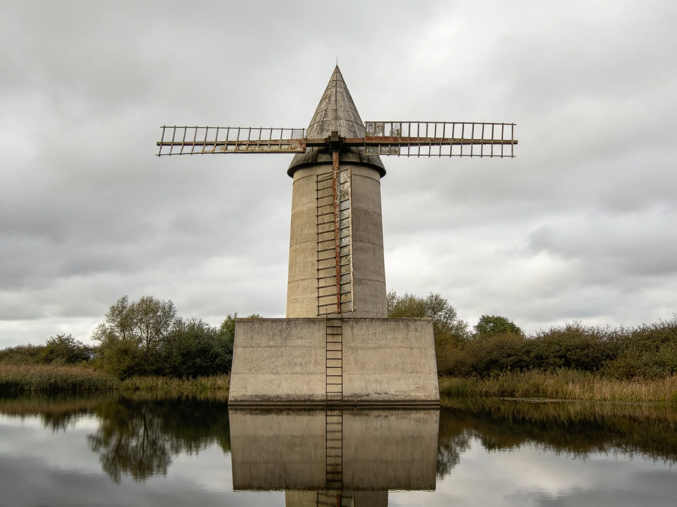 An aged concrete windmill reflected in calm water under overcast skies