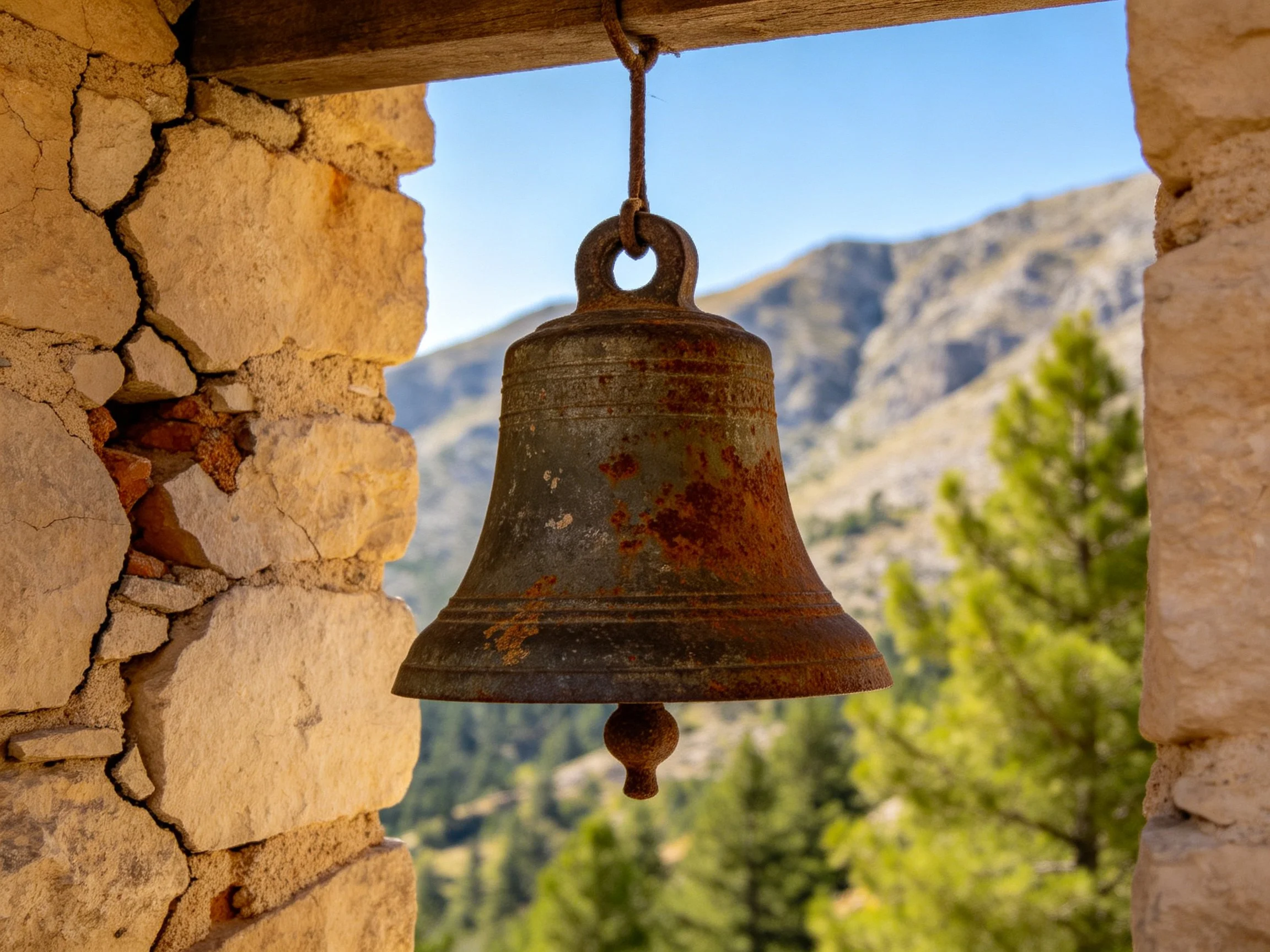 An aged, rust-covered bell hangs between stone walls near mountains