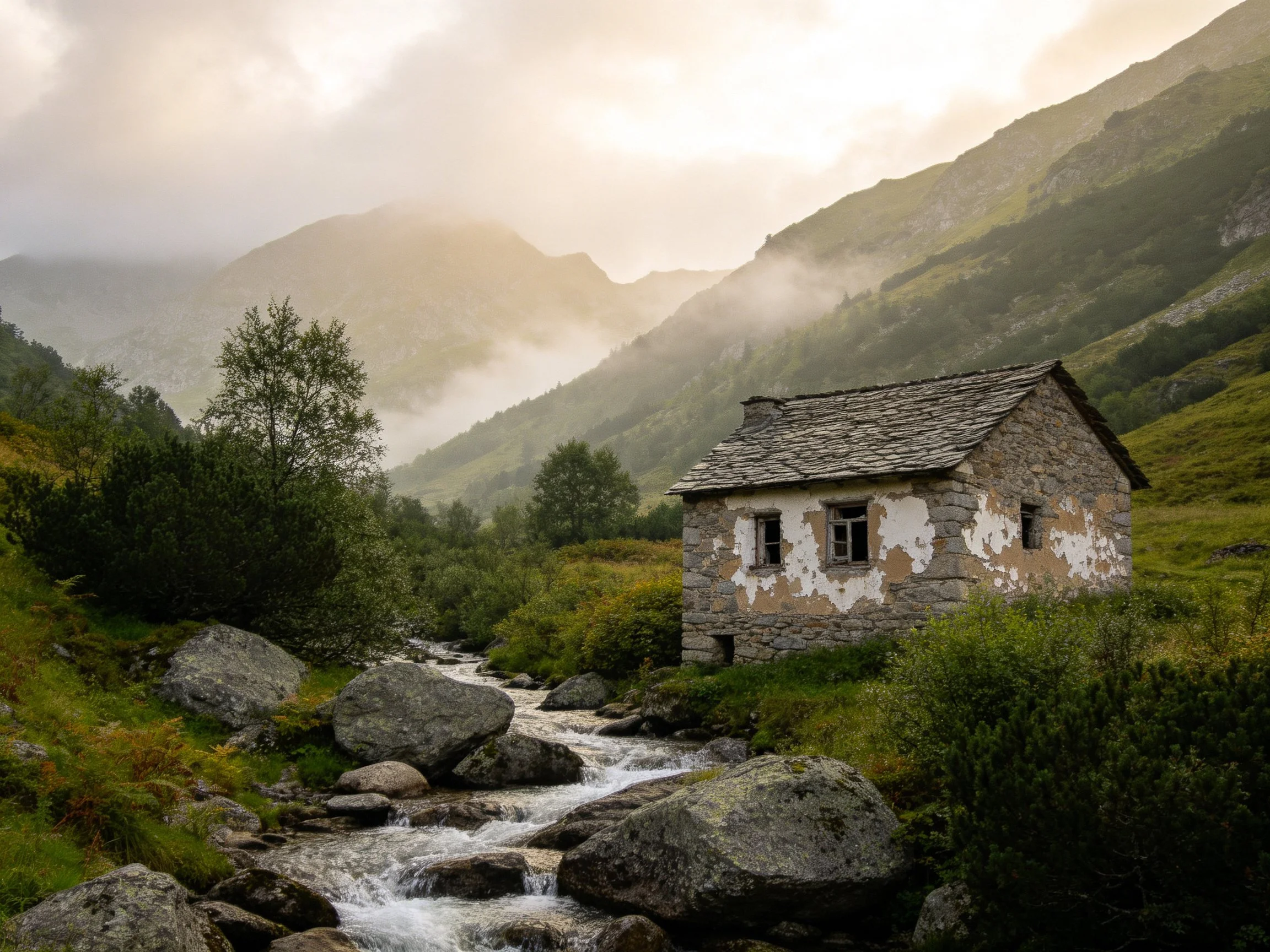 An aged stone cottage beside a mountain stream