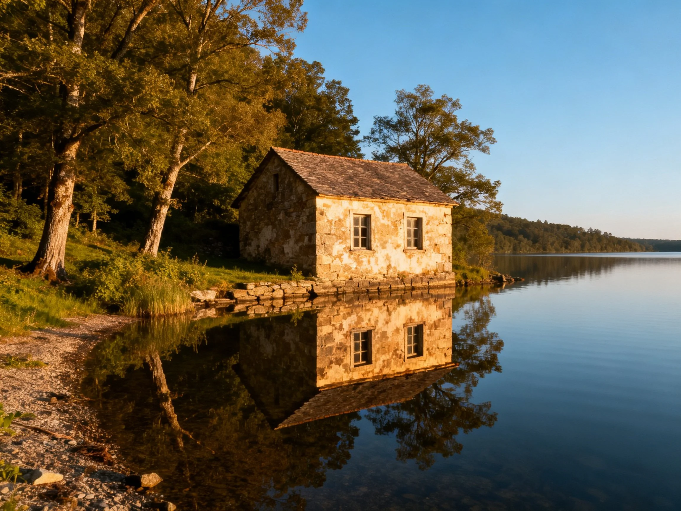 An aged stone cottage reflects in tranquil lake waters