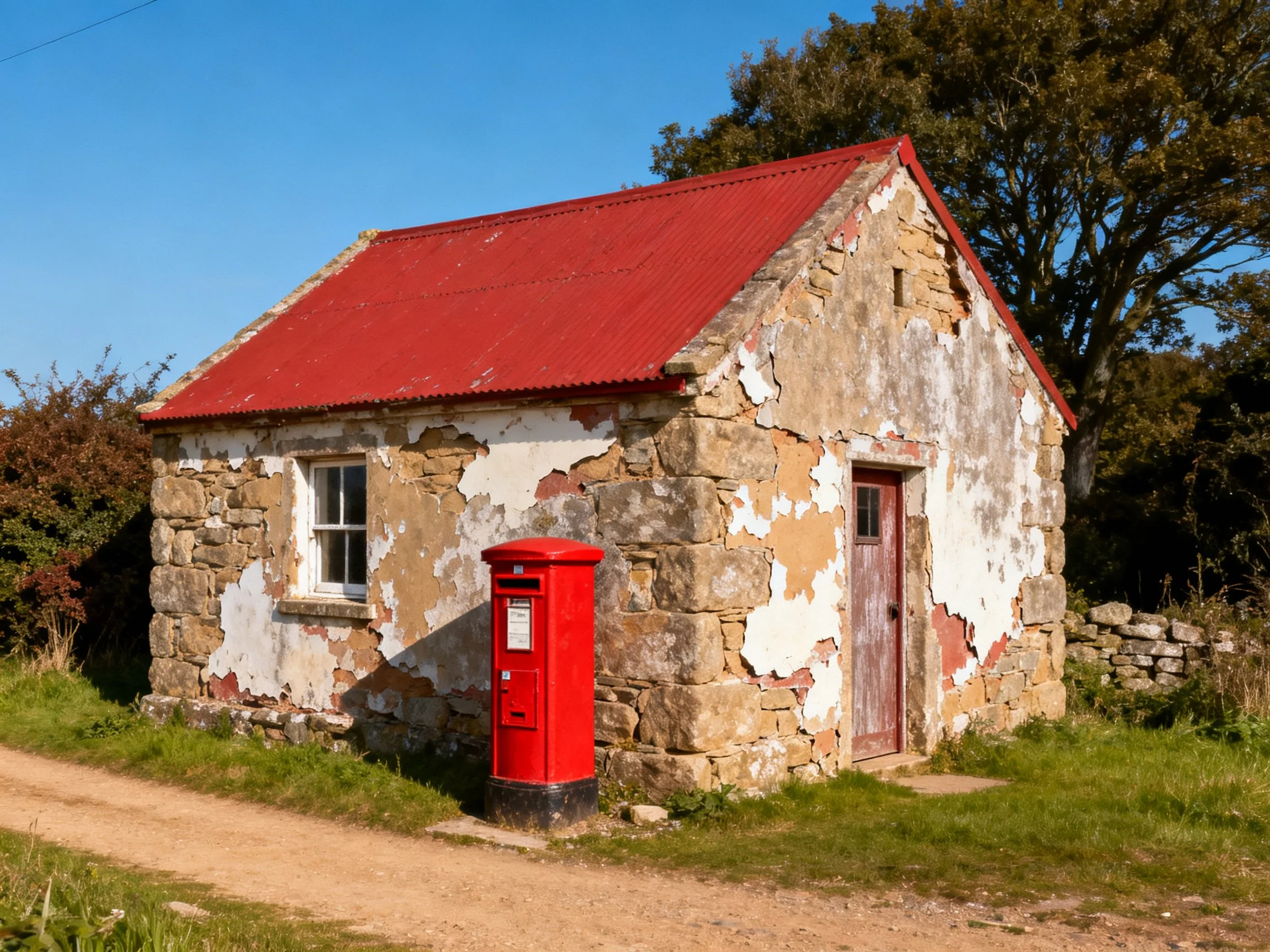 An aged stone cottage with a red metal roof and vintage mailbox